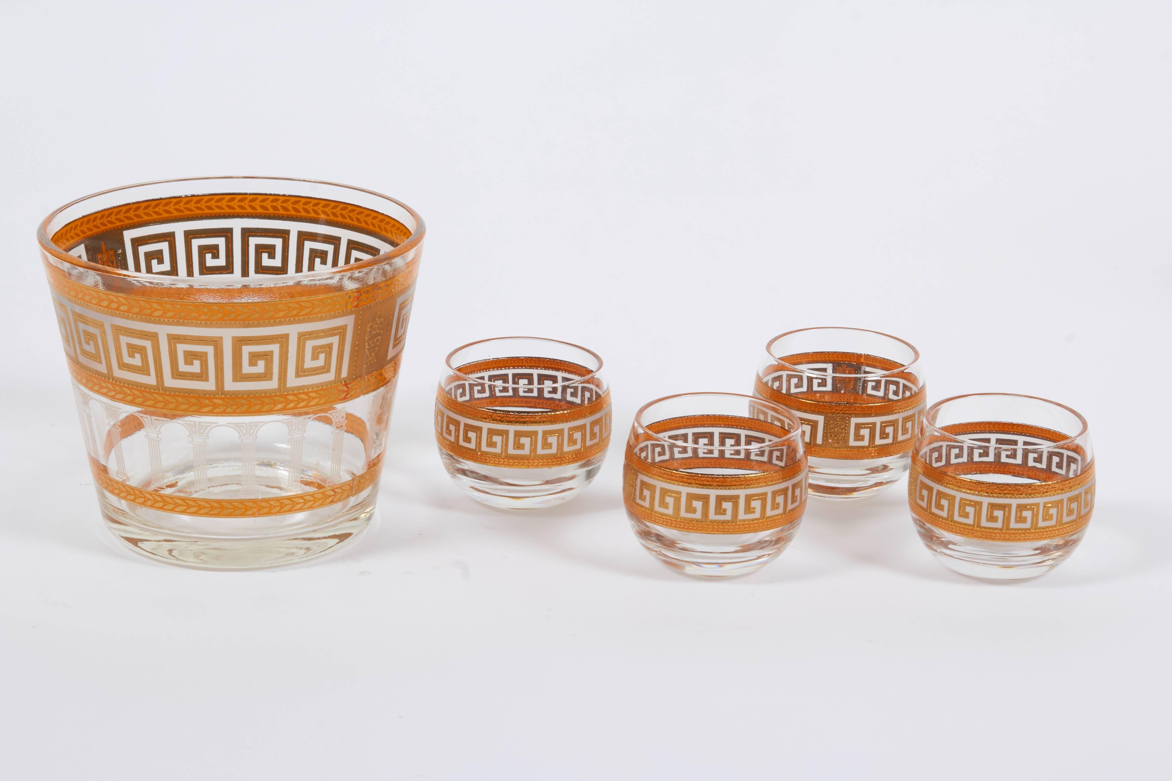 1960s Art Deco Greek Key Barware Suite in Vivid Orange and 24-carat Gold In Excellent Condition For Sale In New York, NY