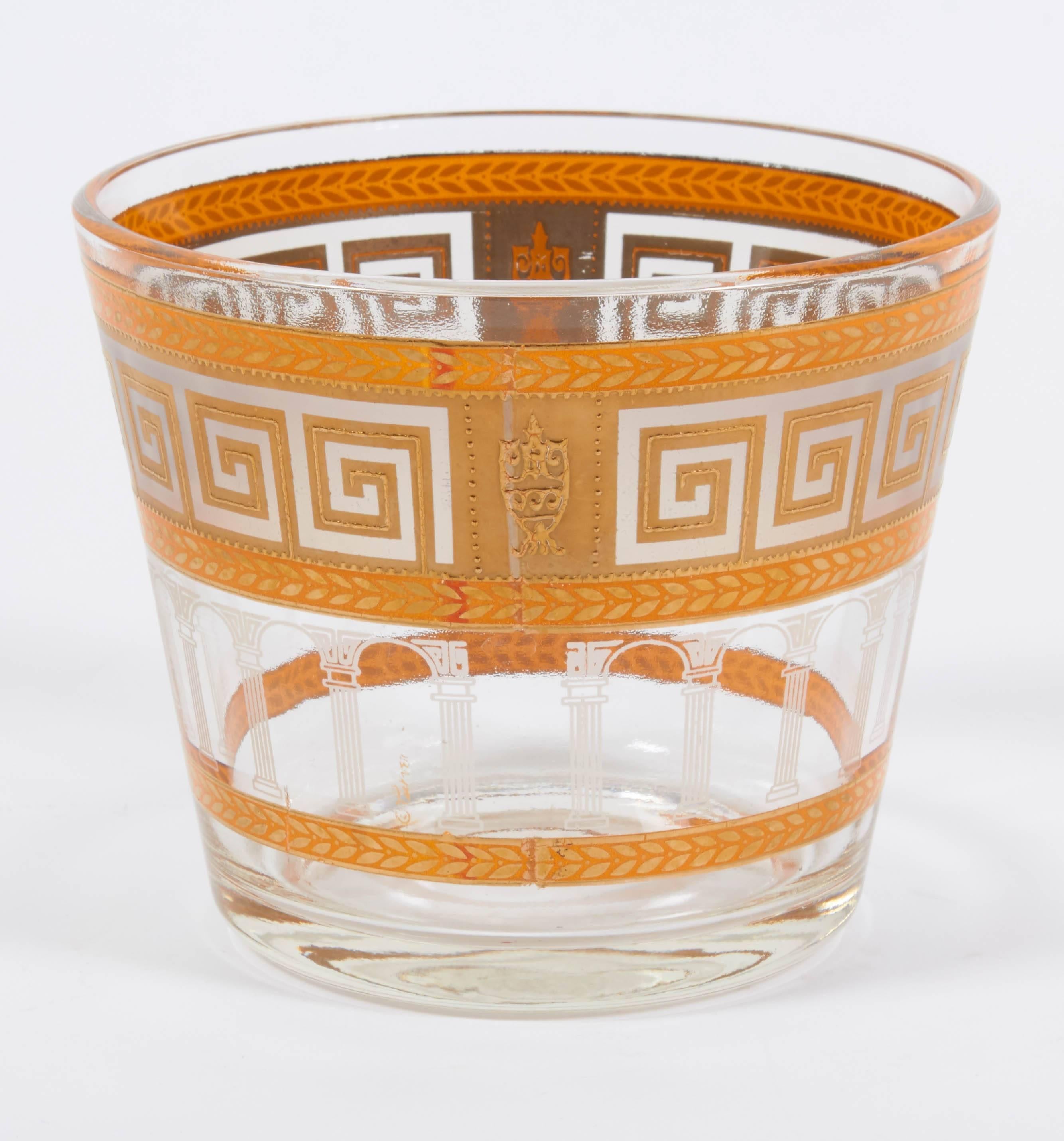 Mid-20th Century 1960s Art Deco Greek Key Barware Suite in Vivid Orange and 24-carat Gold For Sale
