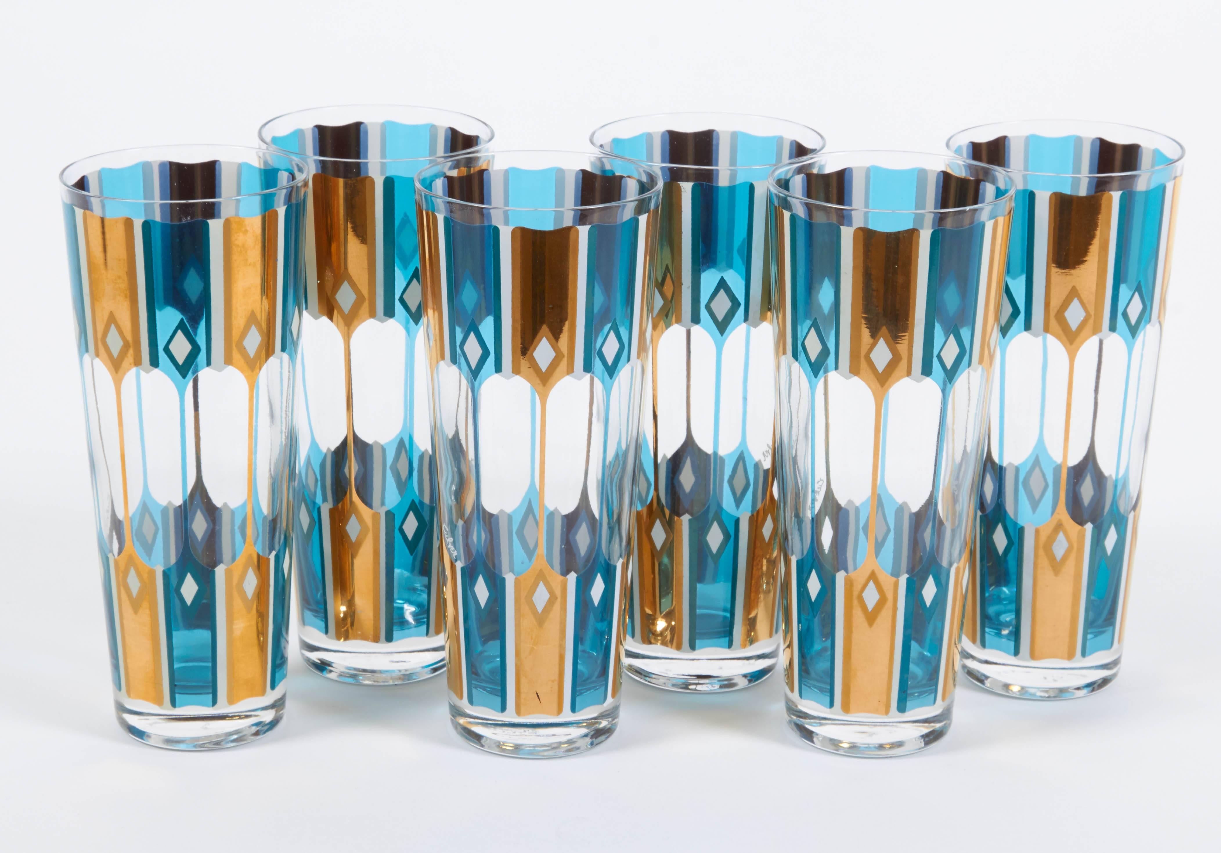 Set of six 1950s rare tapered Collins glasses in turquoise blue with white and 24-karat gold by culver. Near mint unused vintage condition.
 