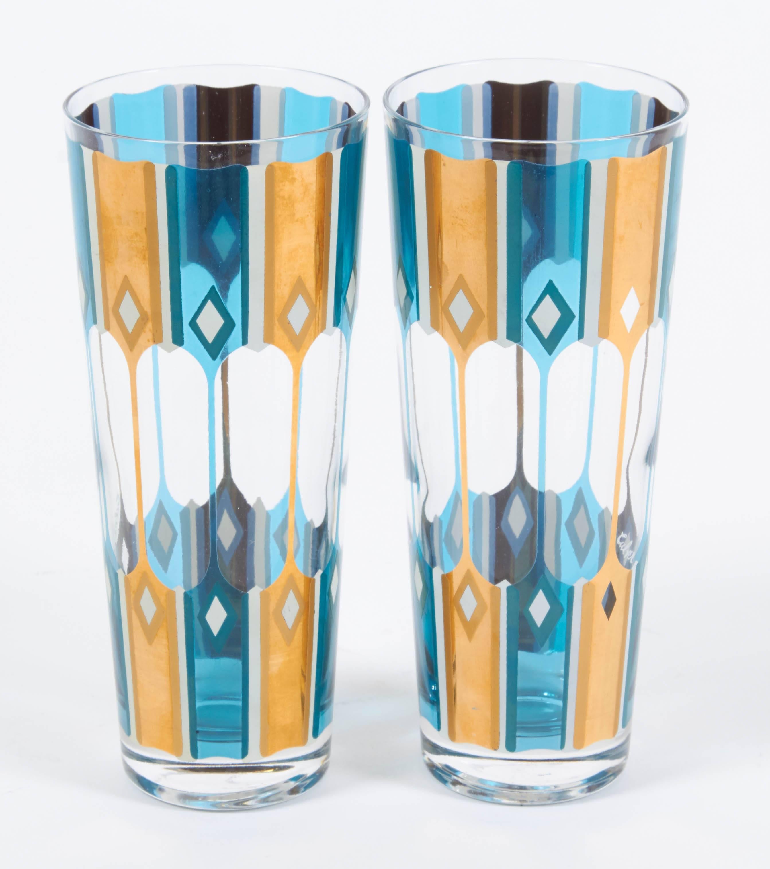 American Tapered Collins Glasses in Turquoise Blue with White & 24-Karat Gold by Culver For Sale