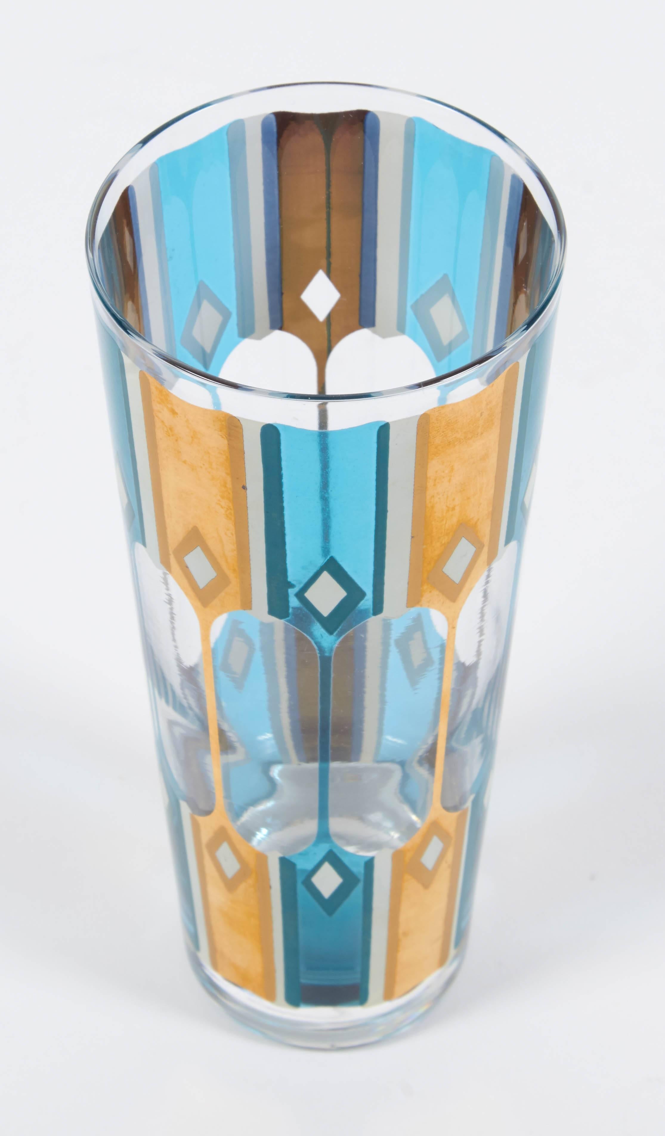 Tapered Collins Glasses in Turquoise Blue with White & 24-Karat Gold by Culver In Excellent Condition For Sale In New York, NY