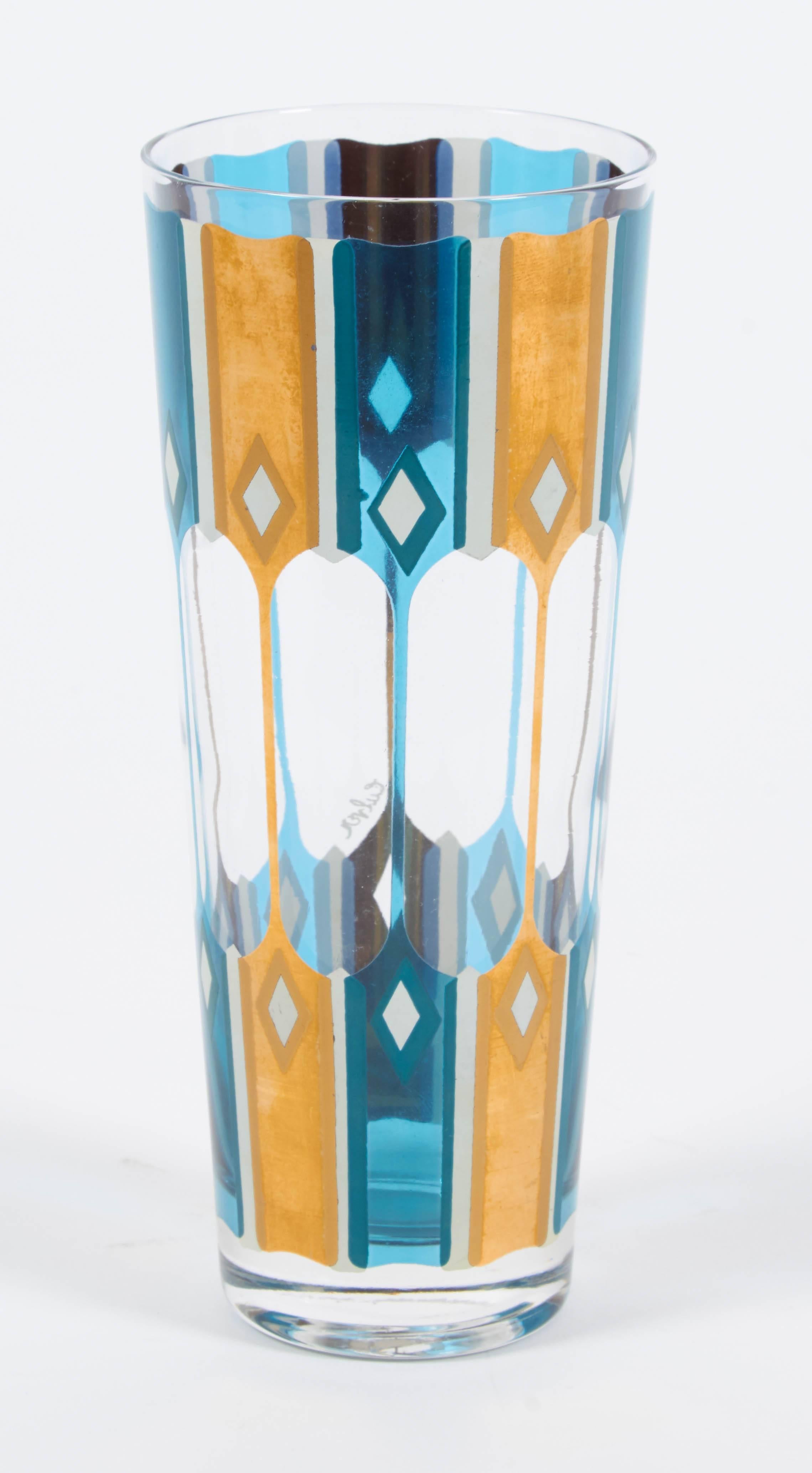 Mid-20th Century Tapered Collins Glasses in Turquoise Blue with White & 24-Karat Gold by Culver For Sale