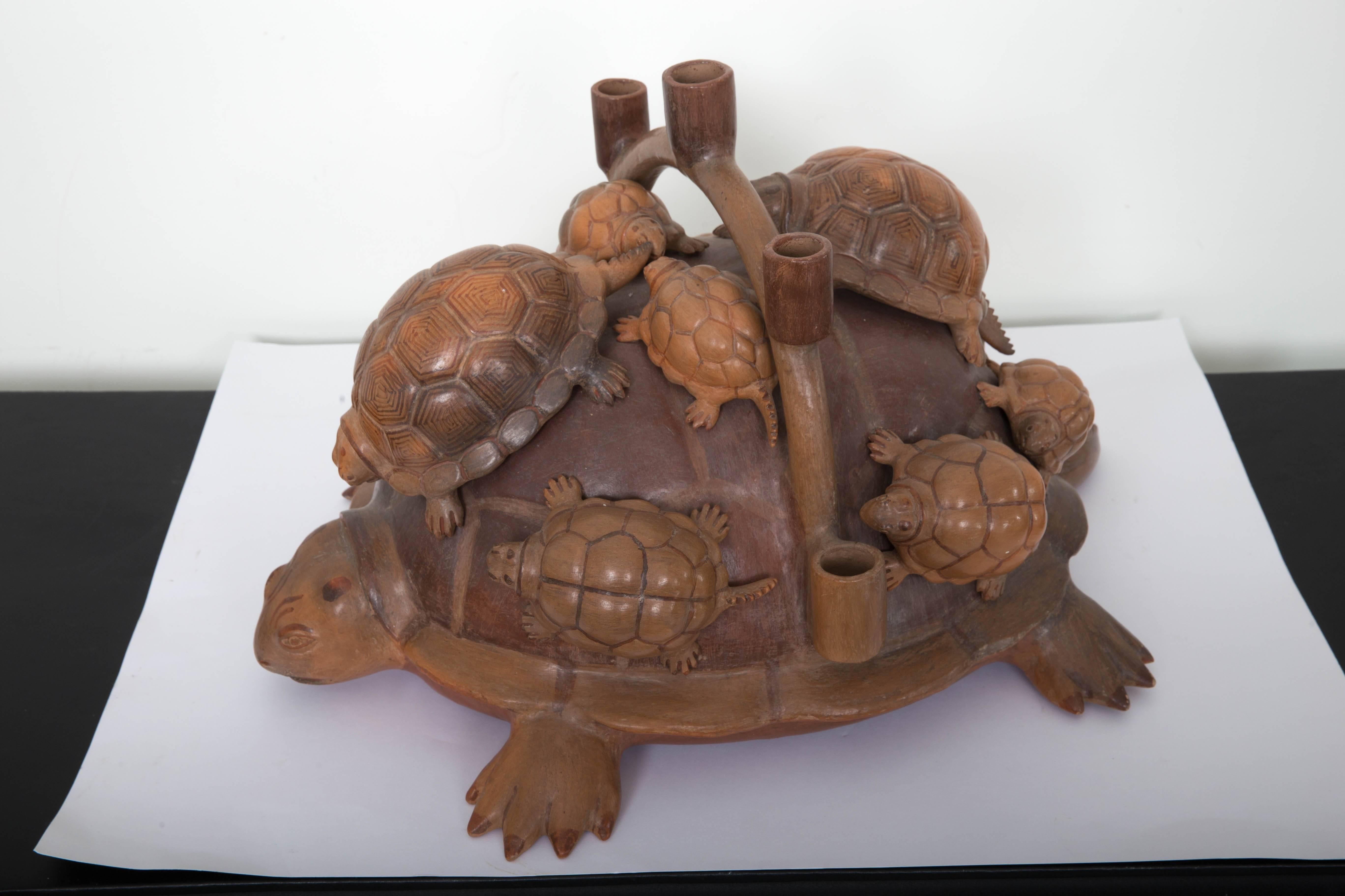 Mexican Heron Martinez Medoza Workshop Ceramic Turtle Candelabra For Sale