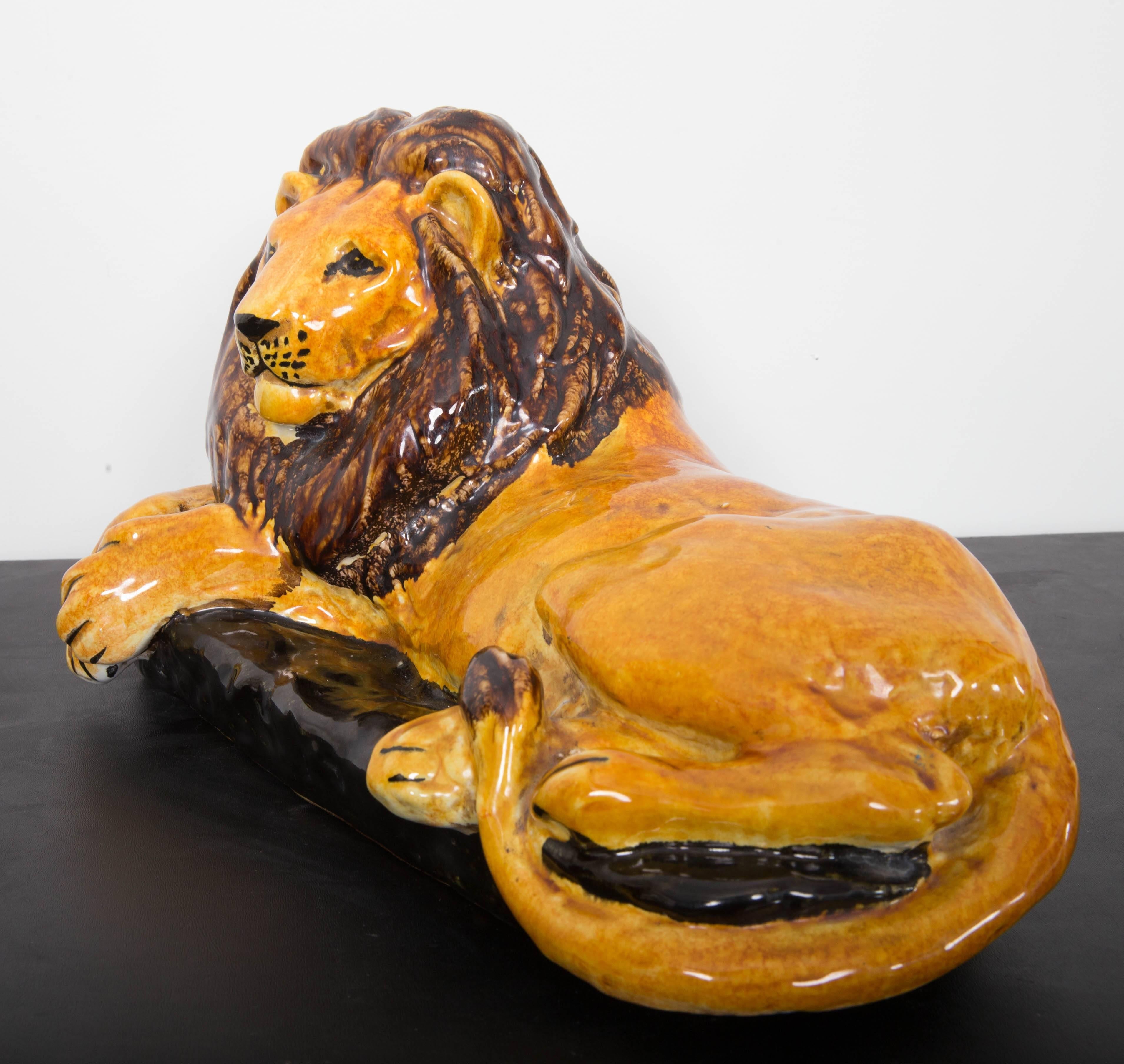 Mid-Century Italian Glazed Terracotta Lion For Sale 2