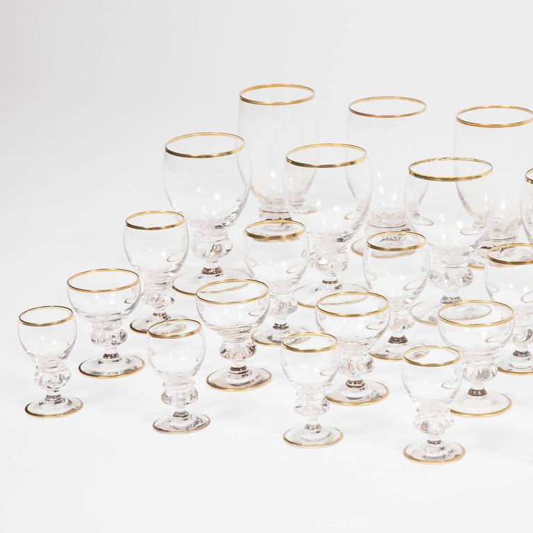 Large Set of 70 Gilt Edge Drinking Glasses by Holmegaard of Denmark For