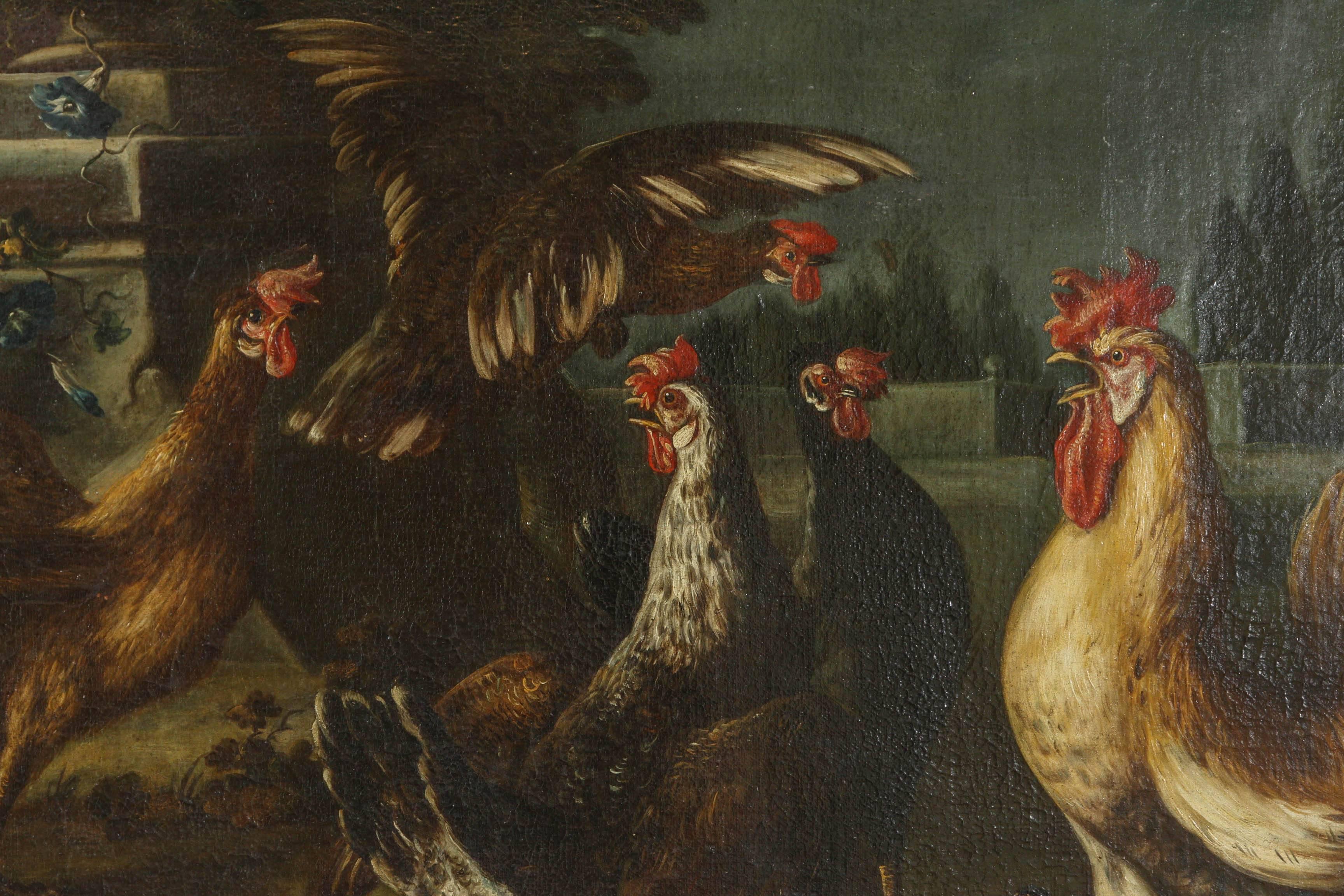 A very fine oil on canvas of roosters, hens and chicks attributed to Melchior D’Hondecoeter, circa 1680. Canvas has been relined.