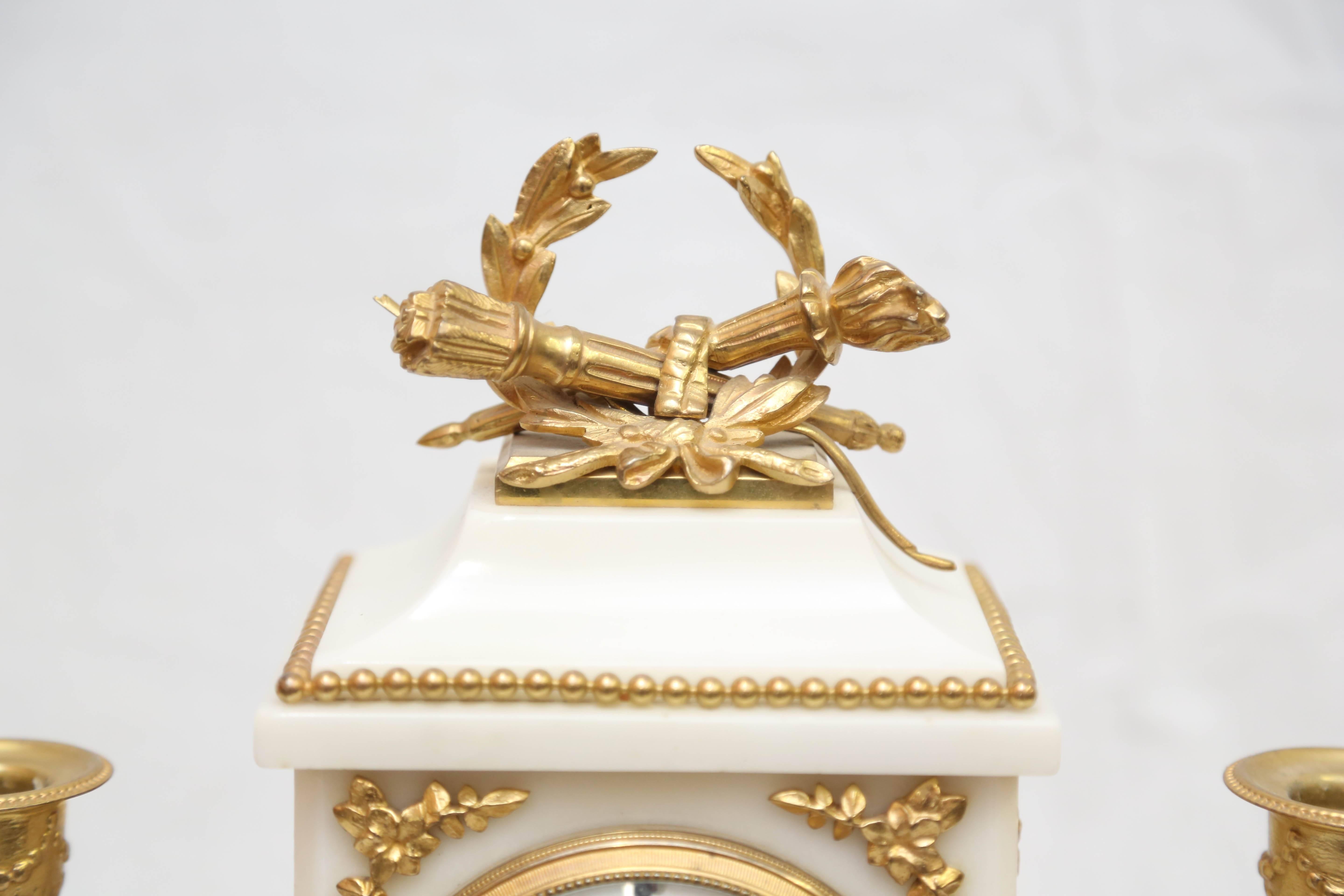 French Three-Piece Louis XVI Style Ormolu and Marble Clock Garniture by Samuel Marti