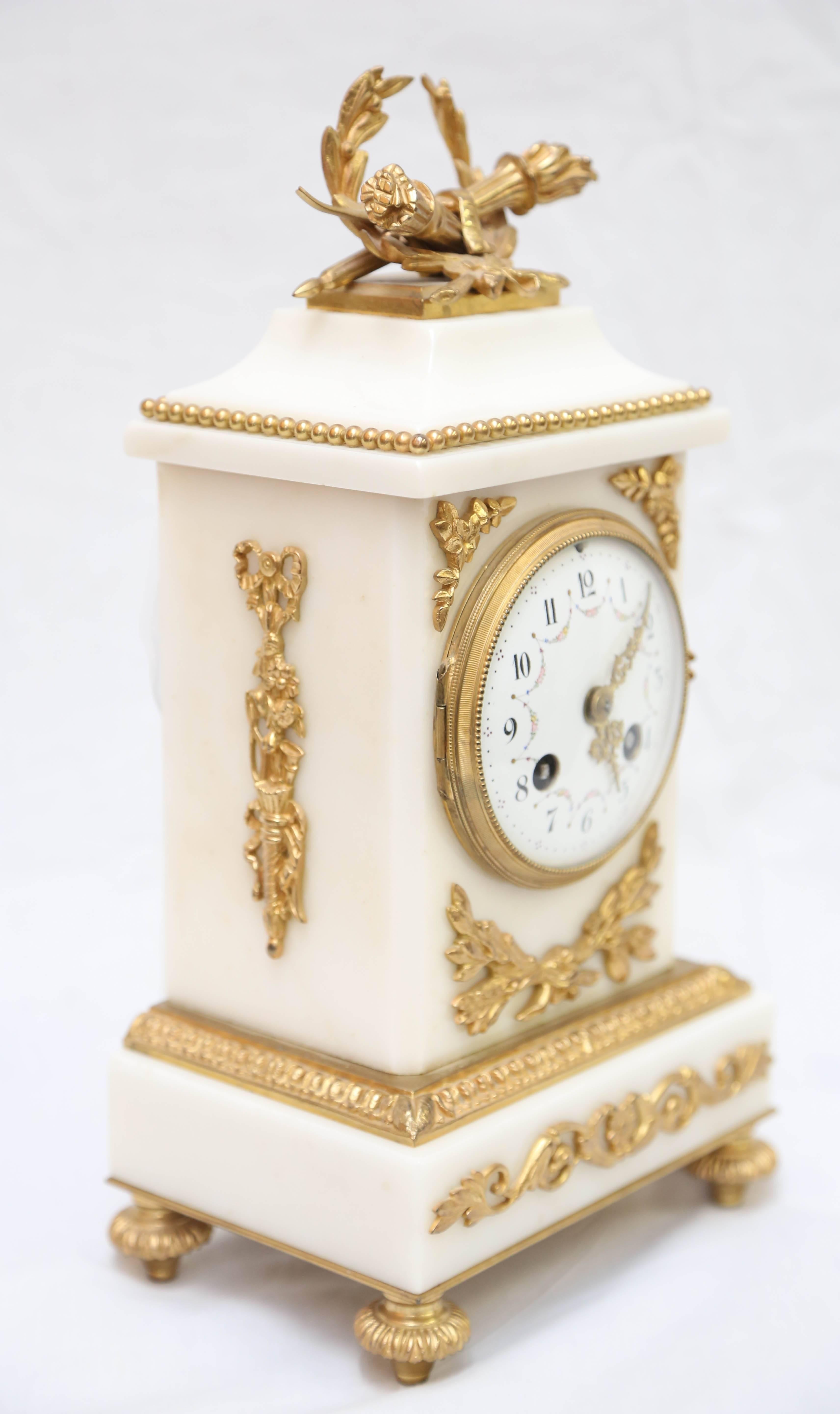 19th Century Three-Piece Louis XVI Style Ormolu and Marble Clock Garniture by Samuel Marti