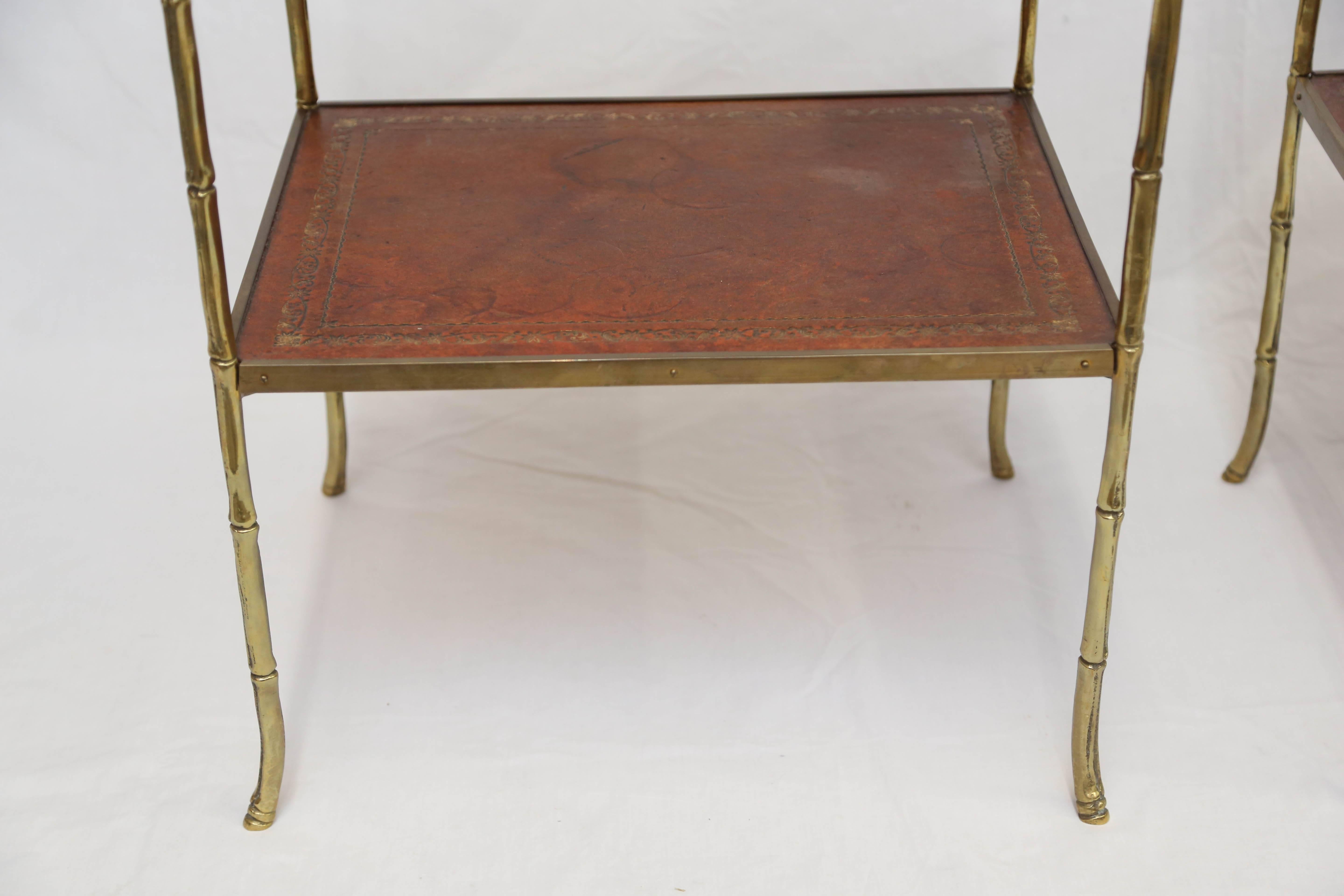 Mid-20th Century Pair of Brass Faux Bamboo and Carnelian Red Leather Two-Tier Side Tables