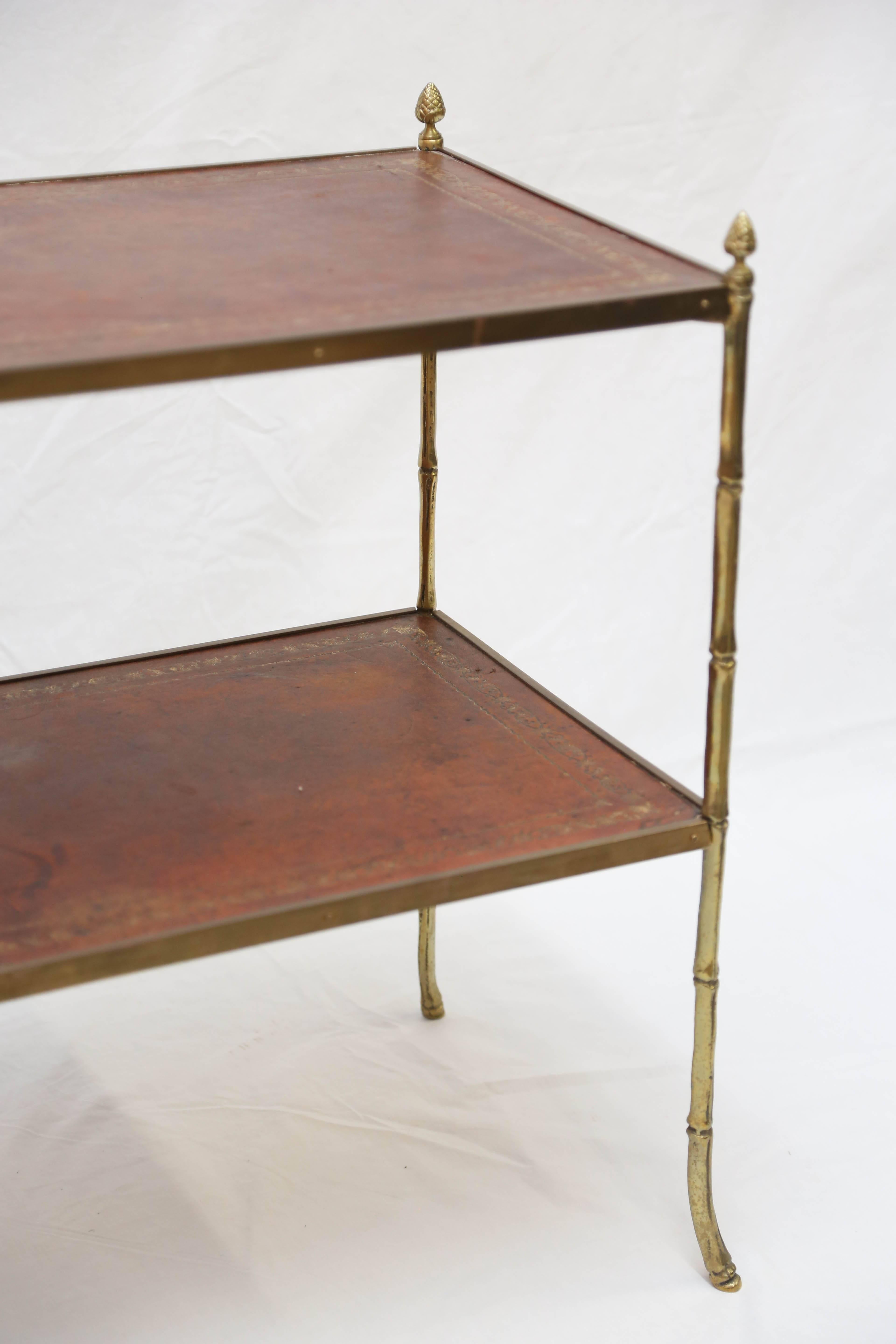 Pair of Brass Faux Bamboo and Carnelian Red Leather Two-Tier Side Tables 1