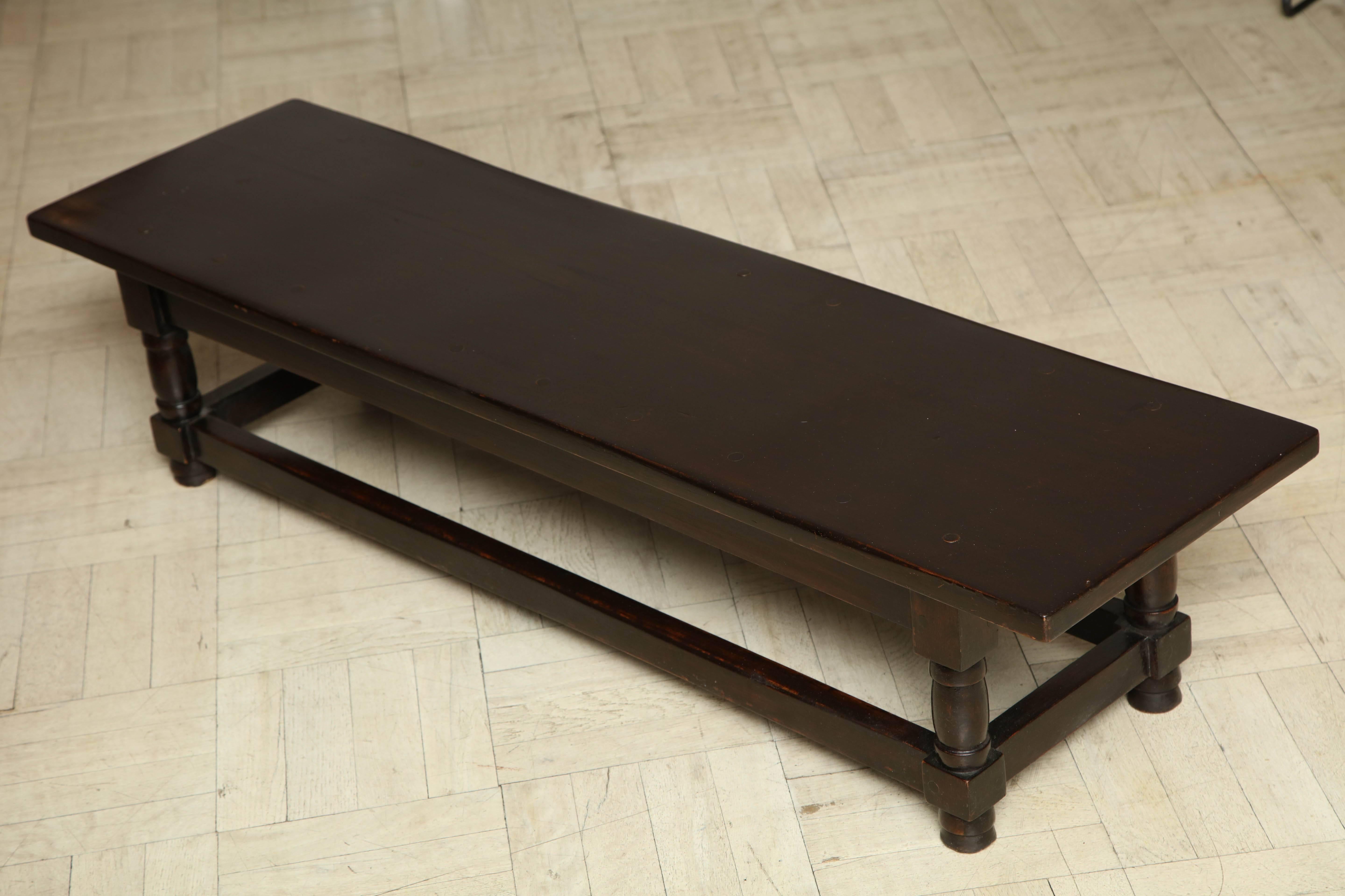Late 19th century mahogany bench, turned legs with cross stretcher.