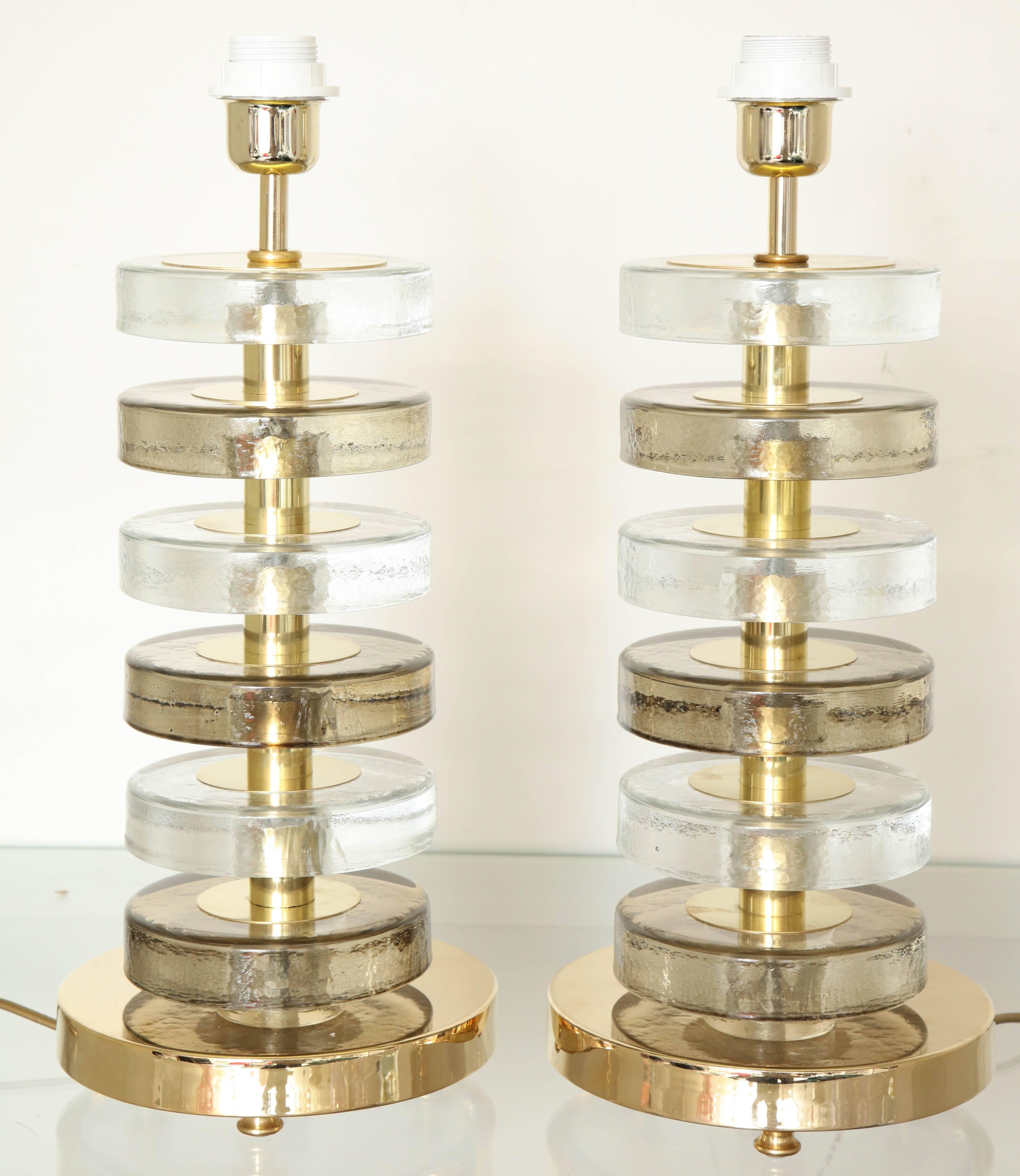 Pair of stacked Murano gold and clear glass table lamps.