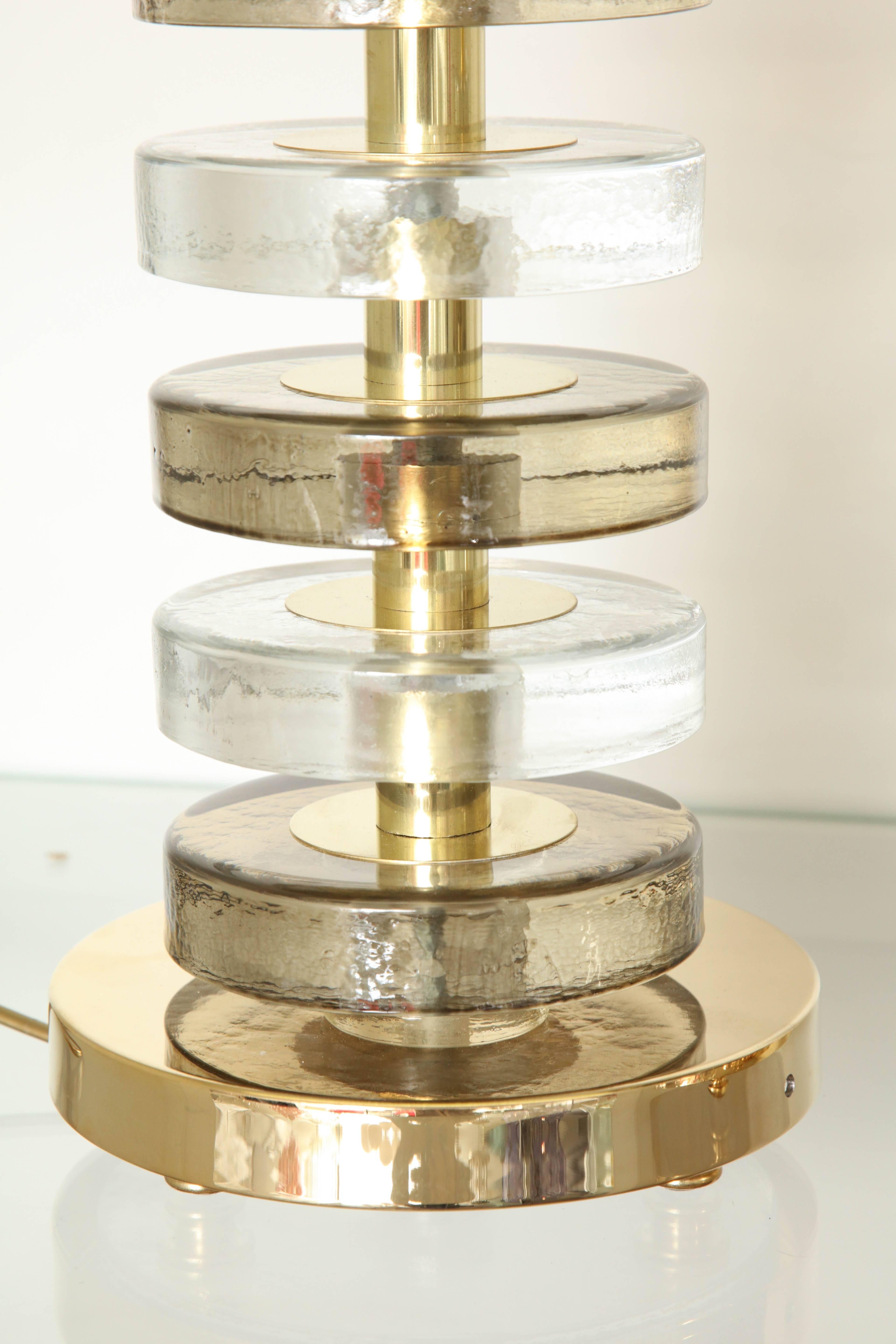 Modern Pair of Stacked Murano Gold and Clear Glass Table Lamps