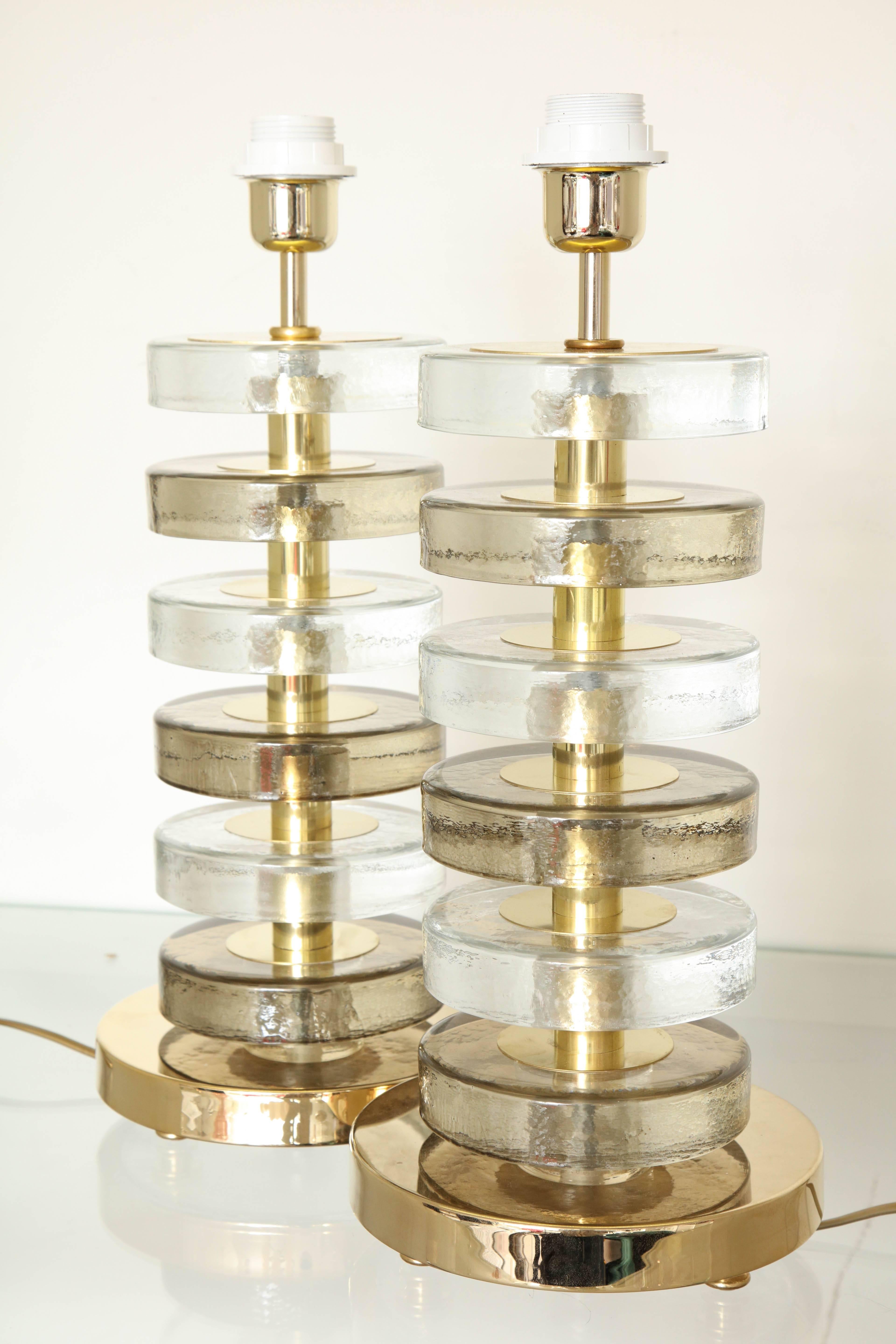 Contemporary Pair of Stacked Murano Gold and Clear Glass Table Lamps