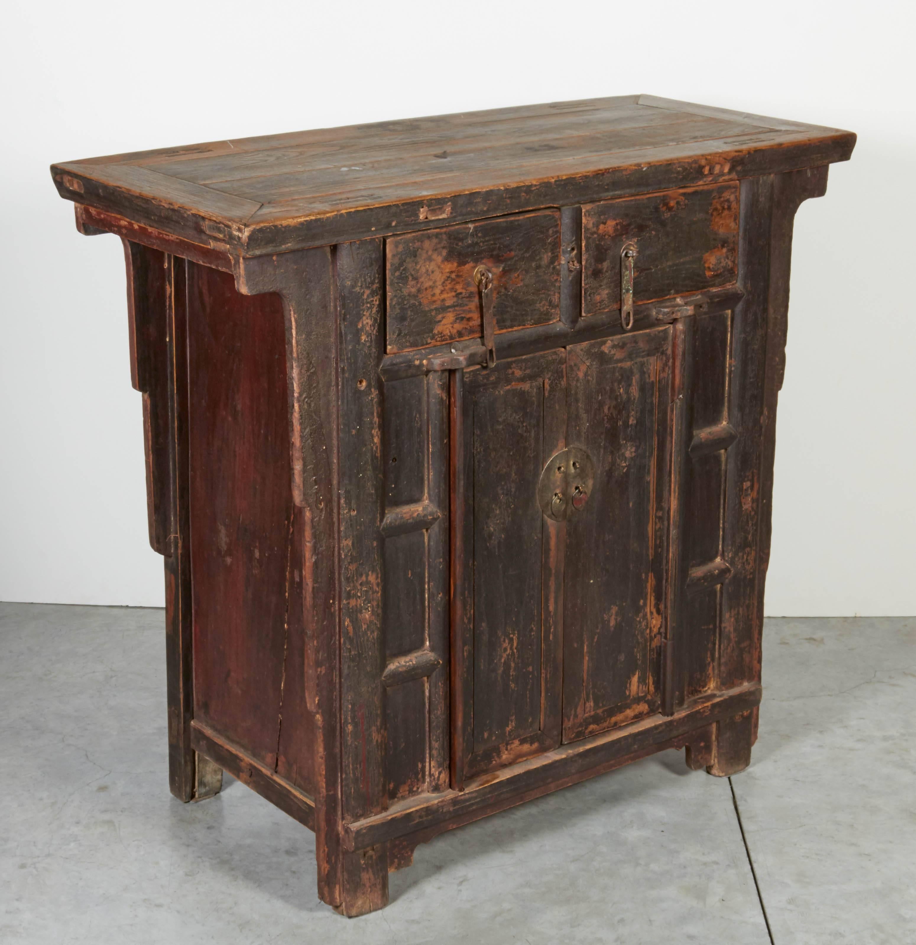 Elm 19th Century Two-Drawer Chinese Cabinet, Great Patina