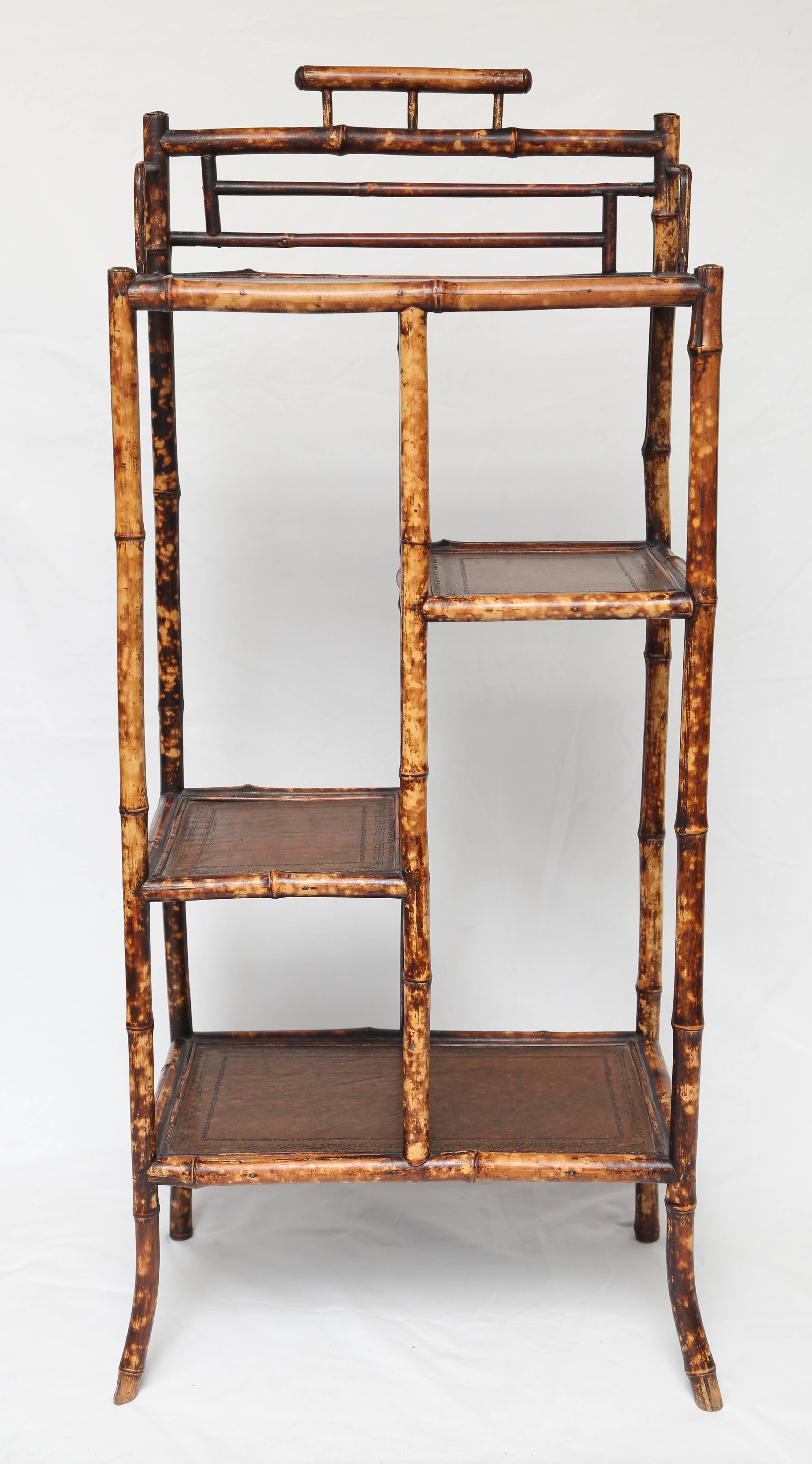 Superb 19th Century English Bamboo Etagere with Leather Tops In Excellent Condition In West Palm Beach, FL