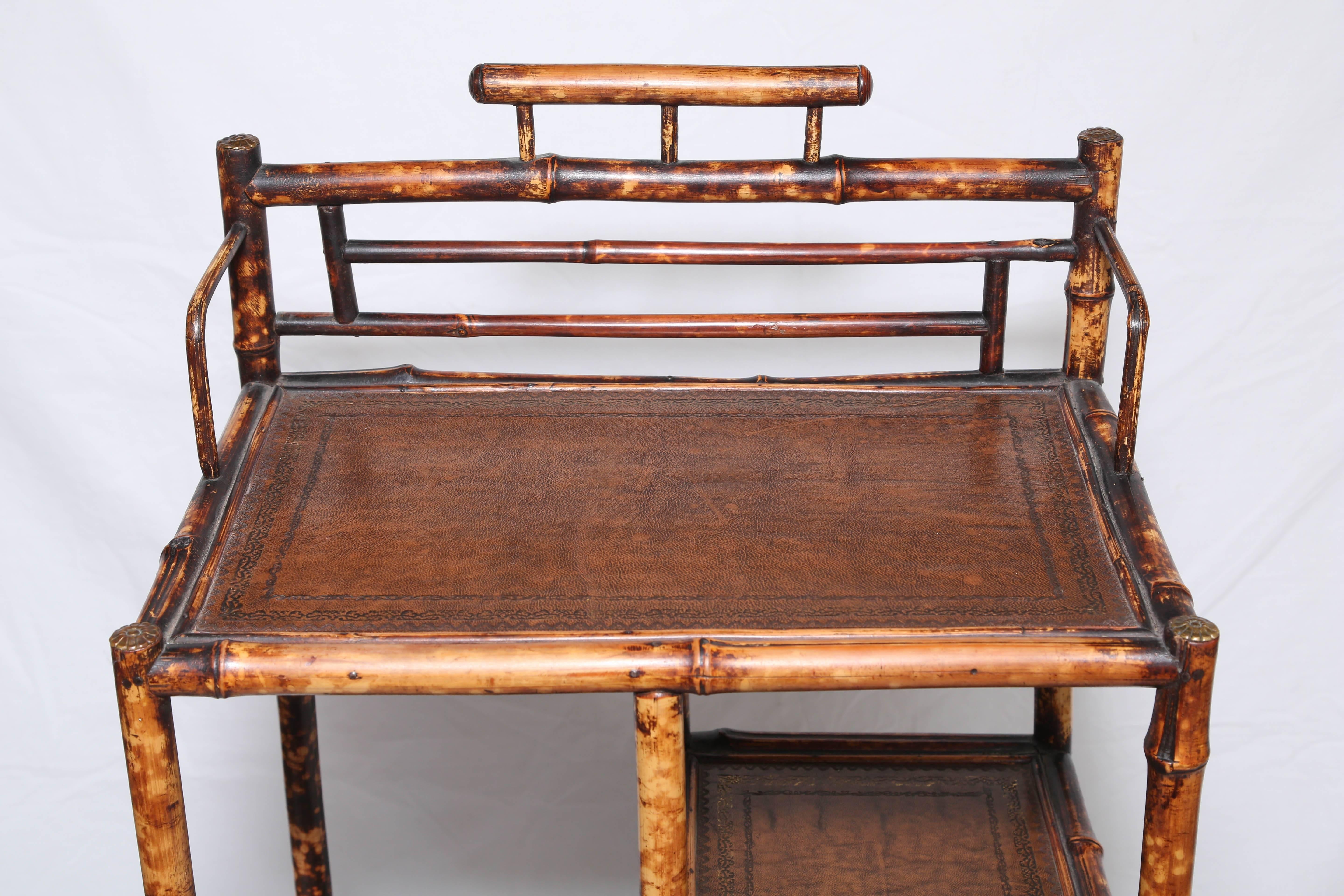 Superb 19th Century English Bamboo Etagere with Leather Tops 1