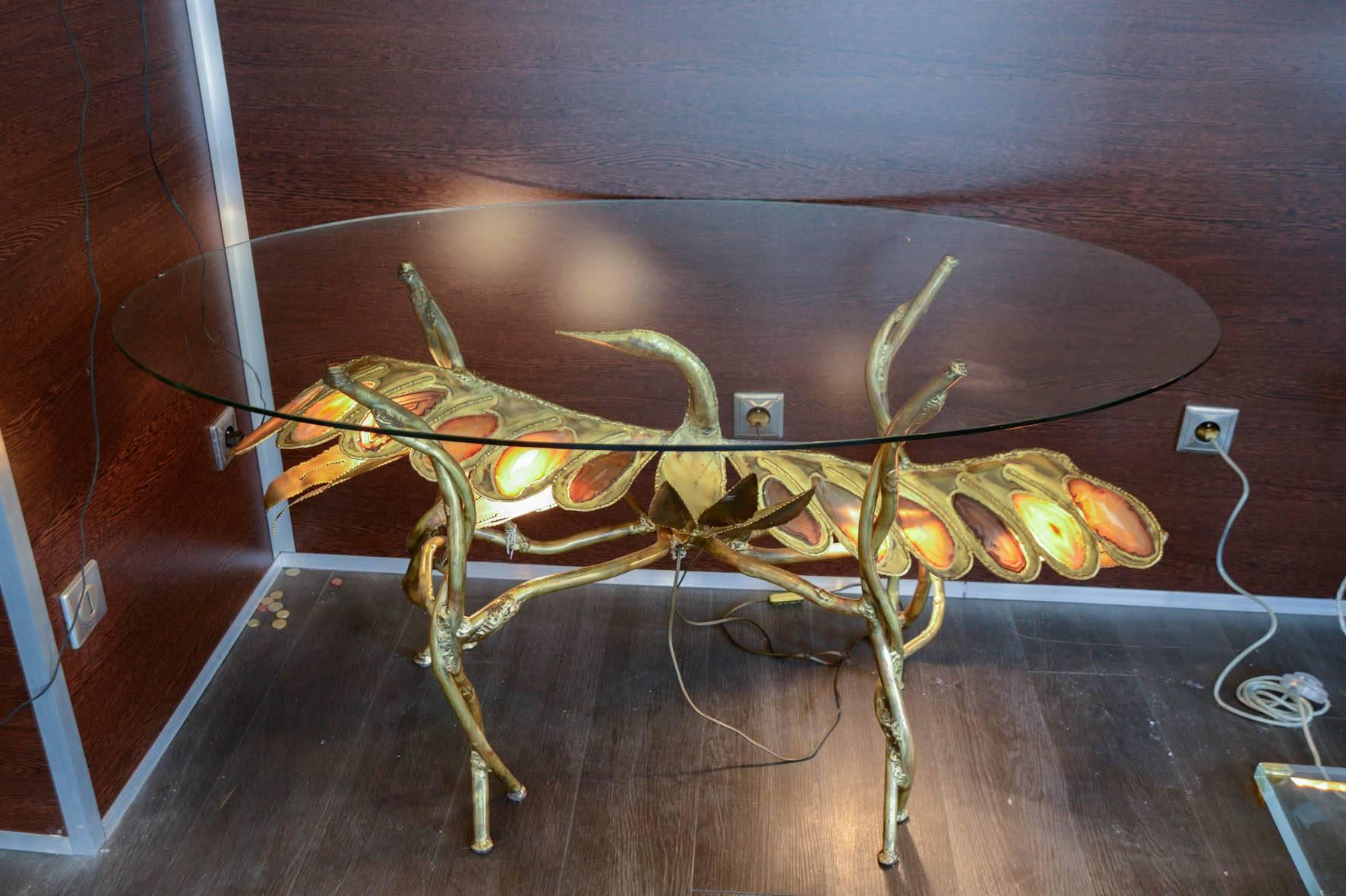 Brass Sculptural Bird Table with Agate Stones Signed by Henri Fernandez