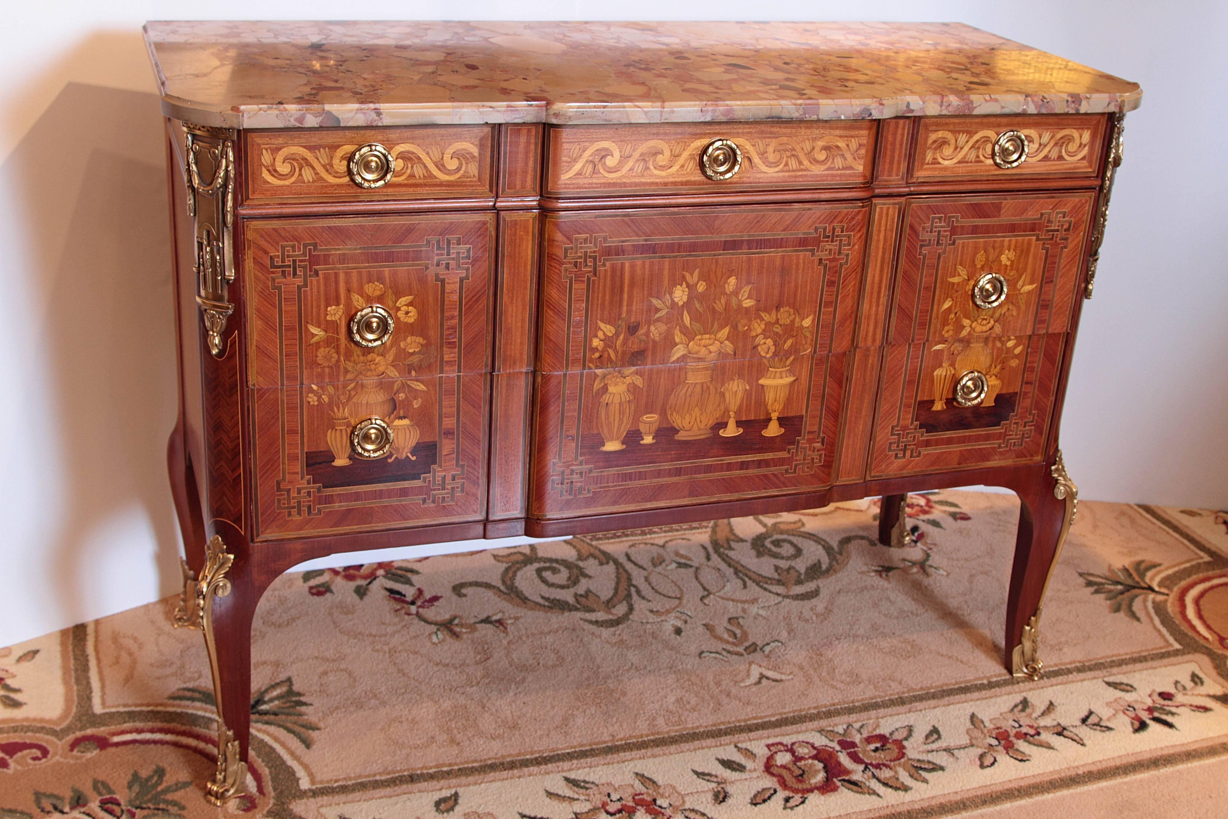 Gilt Metal Pair of Late 19th Century French Louis XV Marquetry Commodes