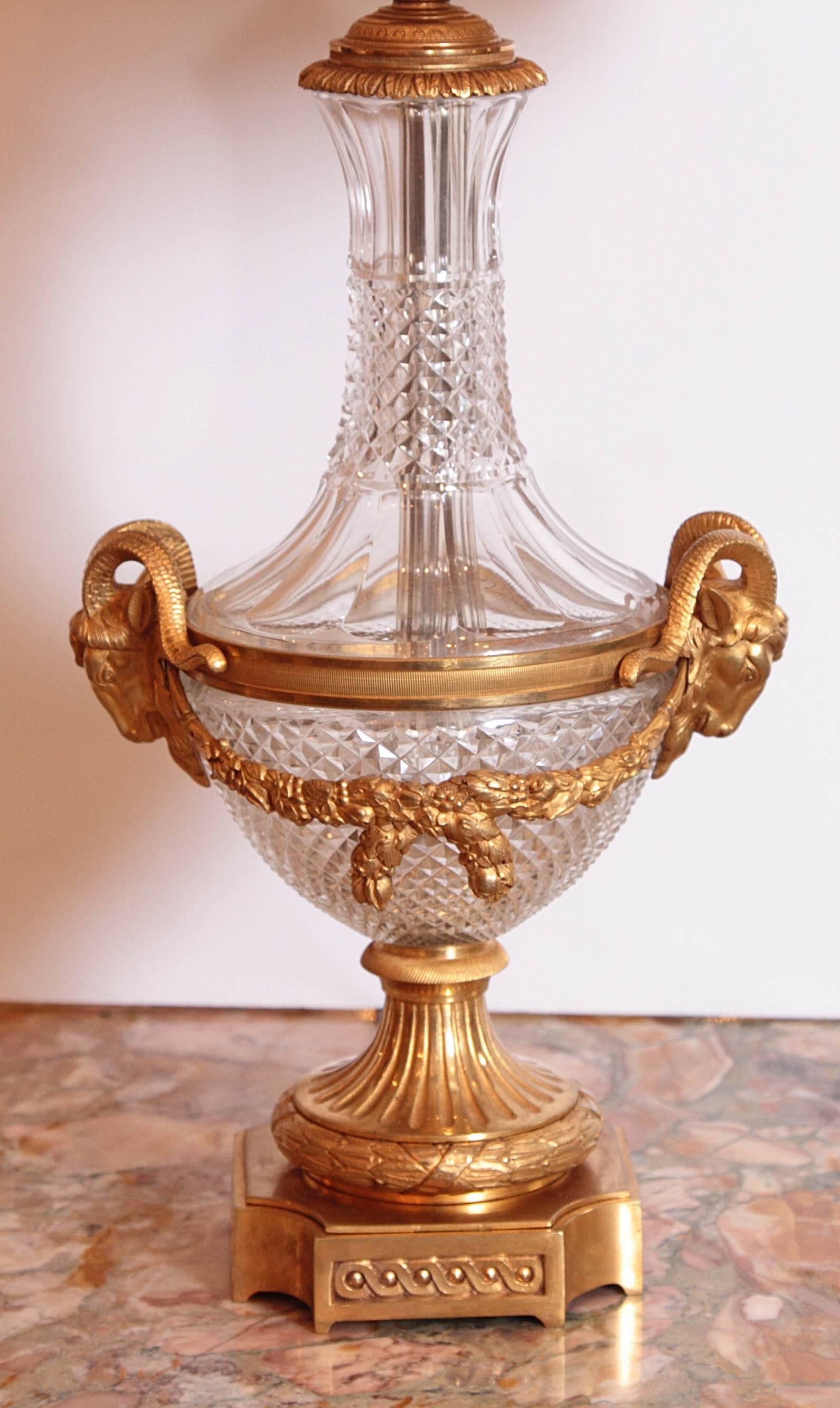 Pair of 19th Century French Louis XVI Gilt Bronze and Cut Crystal Urn Lamps 2