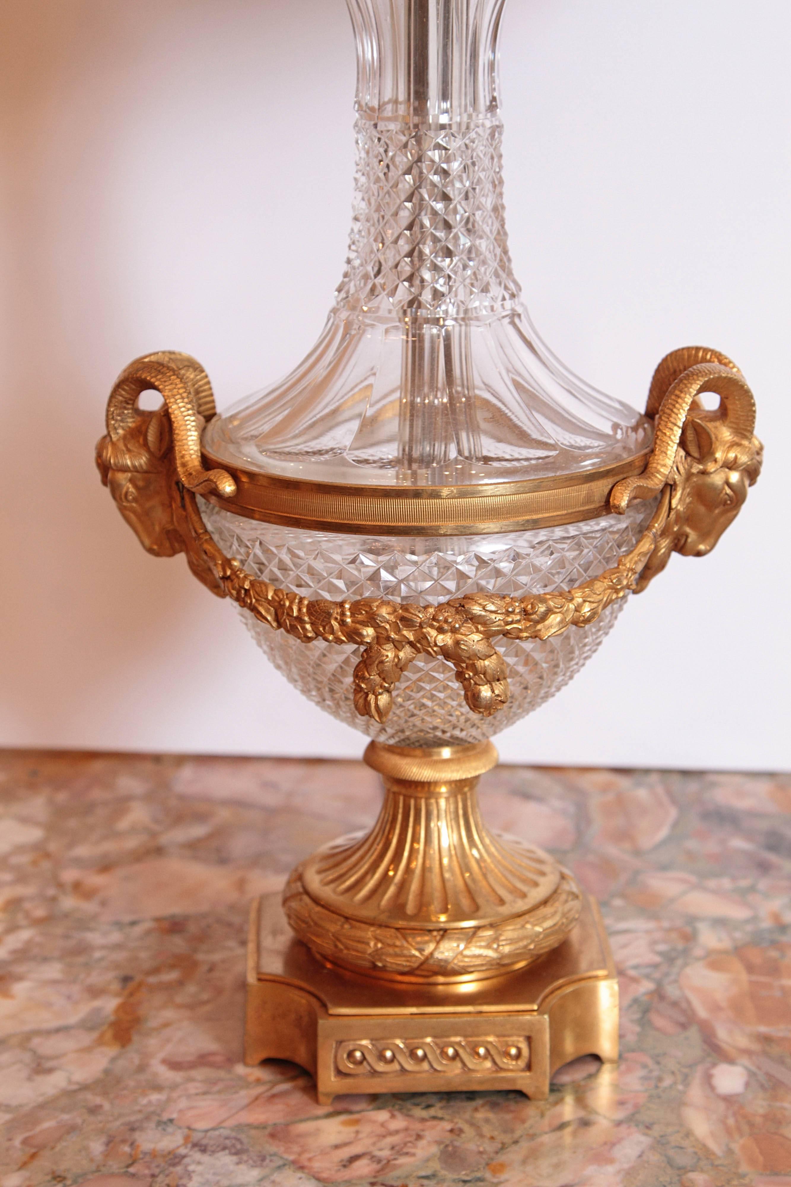 Pair of 19th Century French Louis XVI Gilt Bronze and Cut Crystal Urn Lamps 3