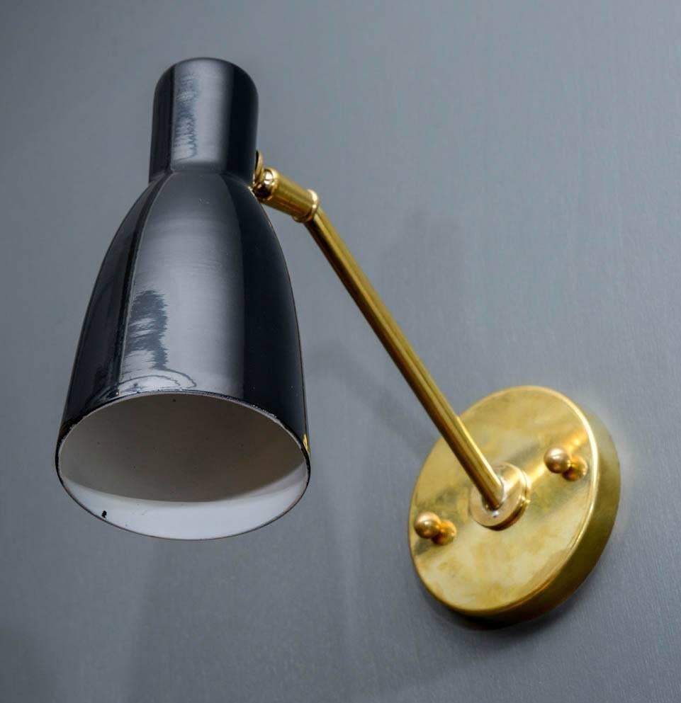 Mid-Century Modern Set of Four Small Brass and Black Enameled Cones Wall Sconces