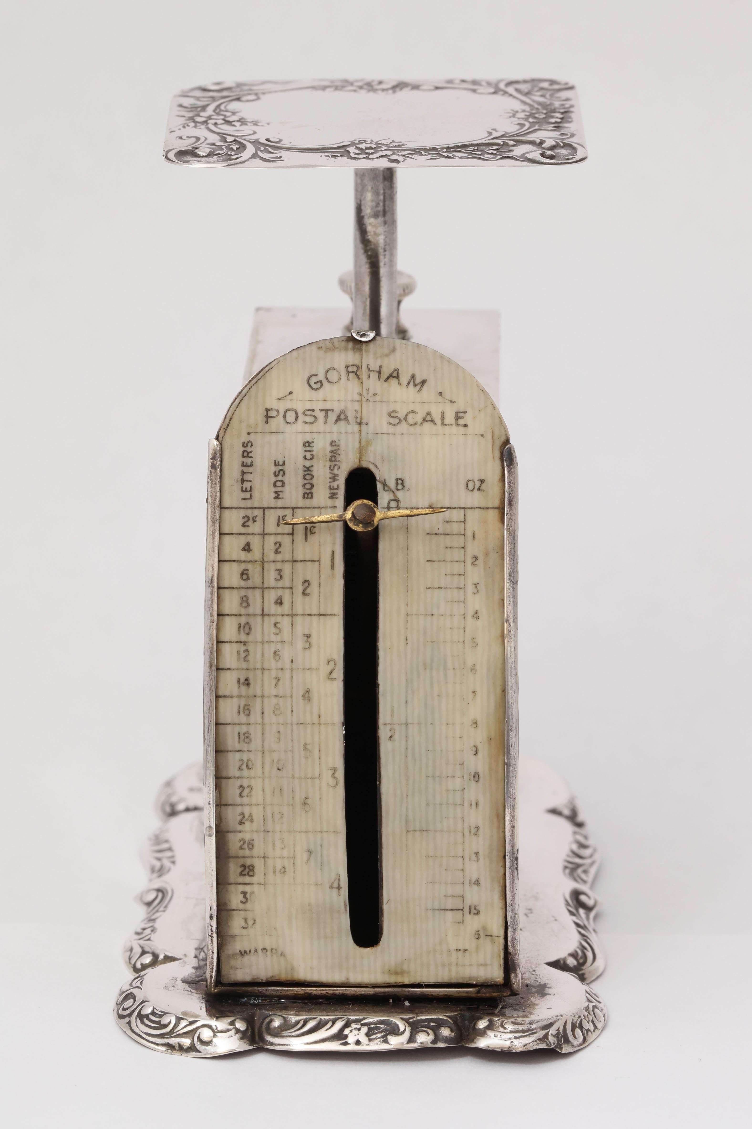 Lovely, Victorian, sterling silver postage scale, Gorham Manufacturing Company, Providence, Rhode Island, year marked for 1896. If looking at the scale head on, it measures 3 3/4 inches high x 2 inches wide x 3 inches deep. In working condition.