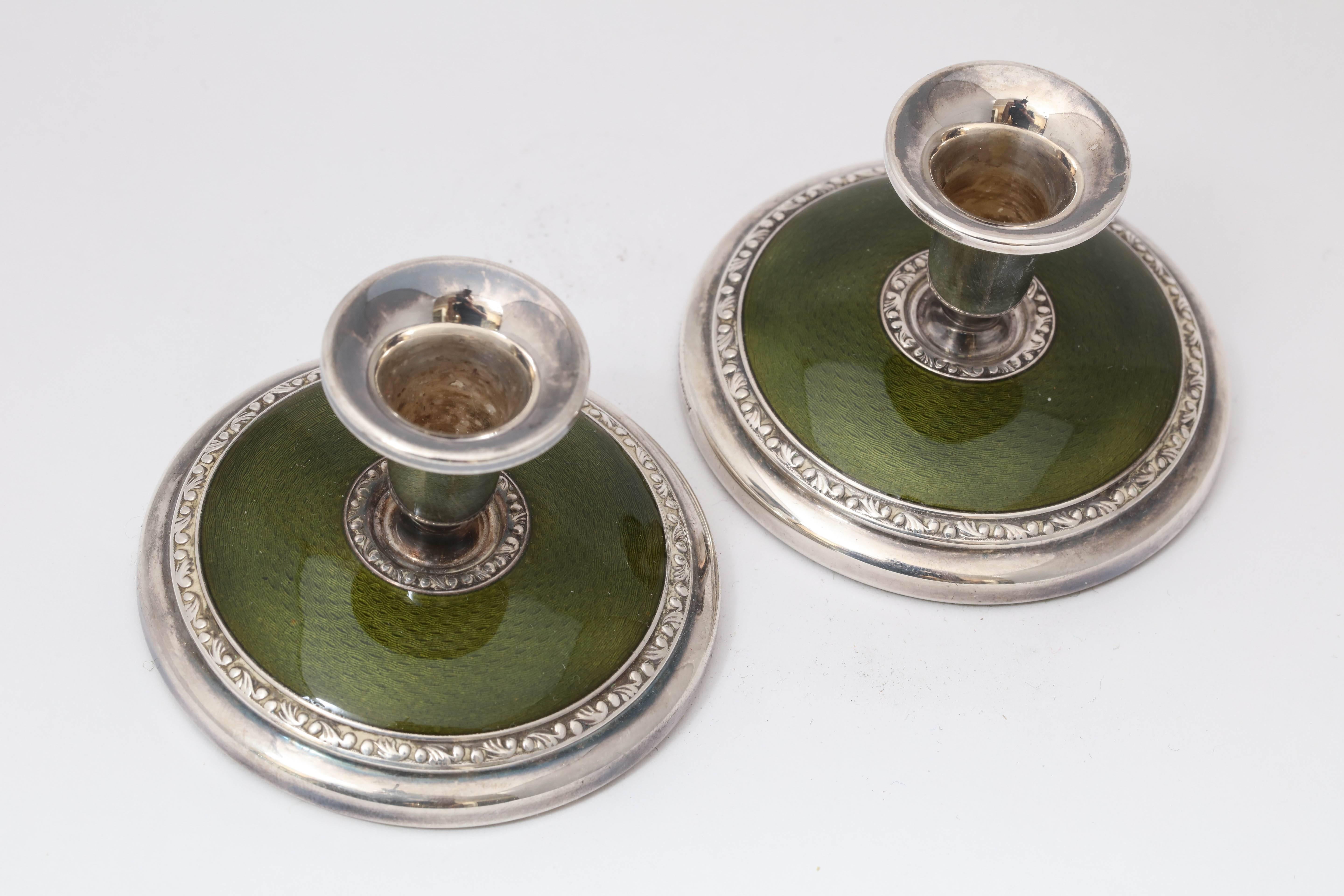 Norwegian Pair of Art Deco Sterling Silver and Olive Green Guilloche Enamel Candlesticks