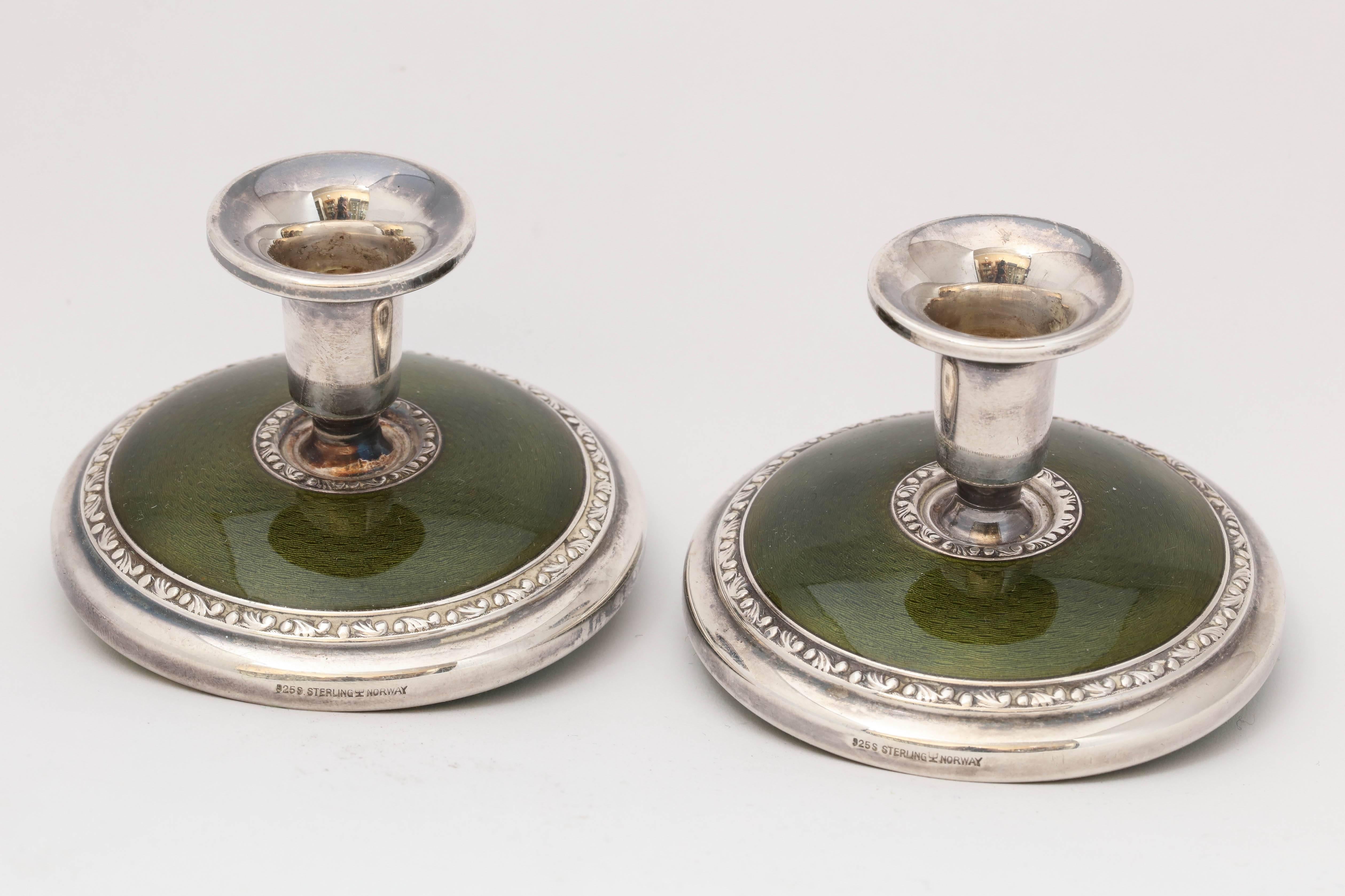 Pair of Art Deco Sterling Silver and Olive Green Guilloche Enamel Candlesticks 1