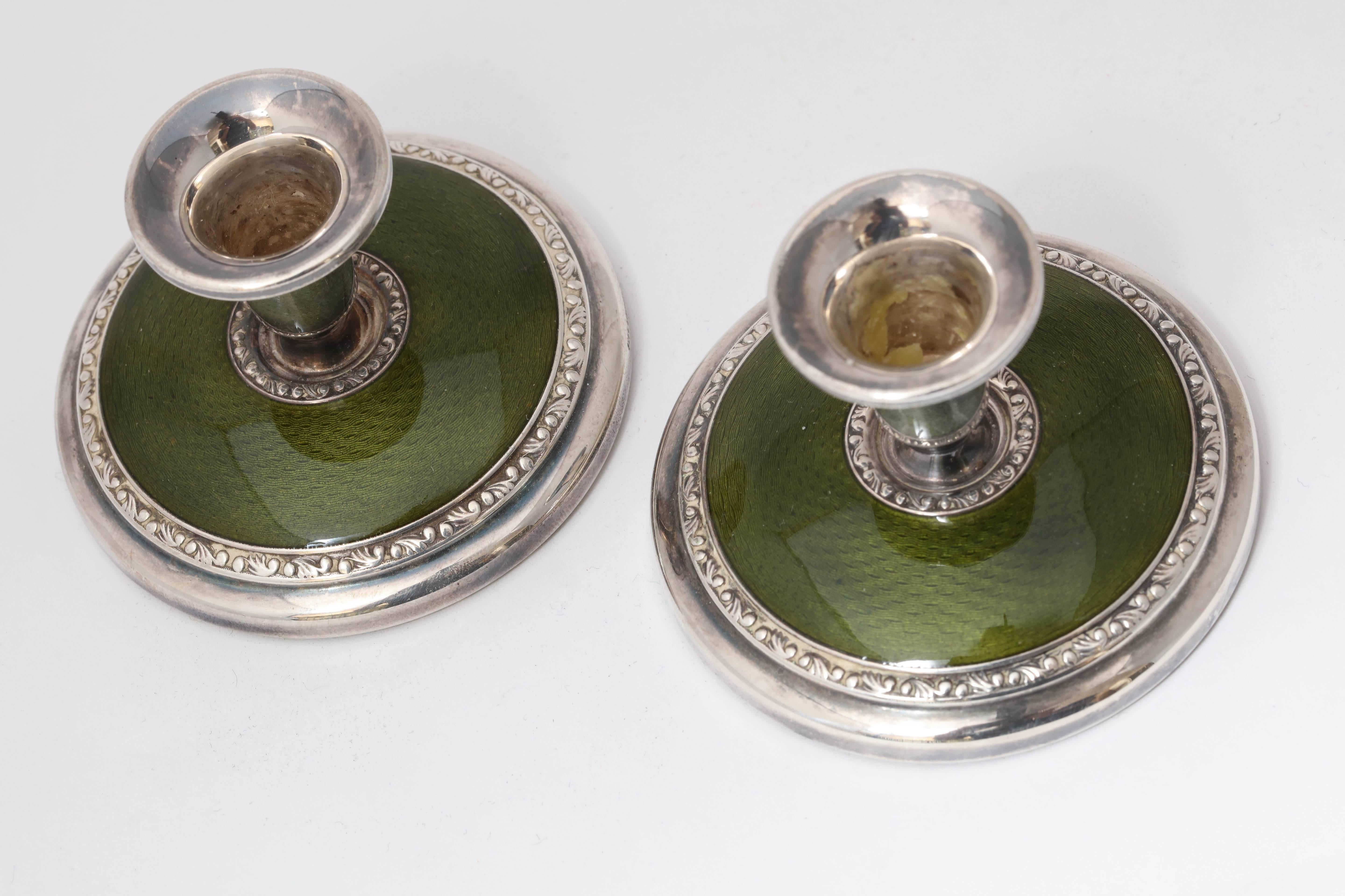 Pair of Art Deco Sterling Silver and Olive Green Guilloche Enamel Candlesticks 2