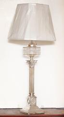Tall Neoclassical Electrified Silver Plated Column-Form Oil Lamp