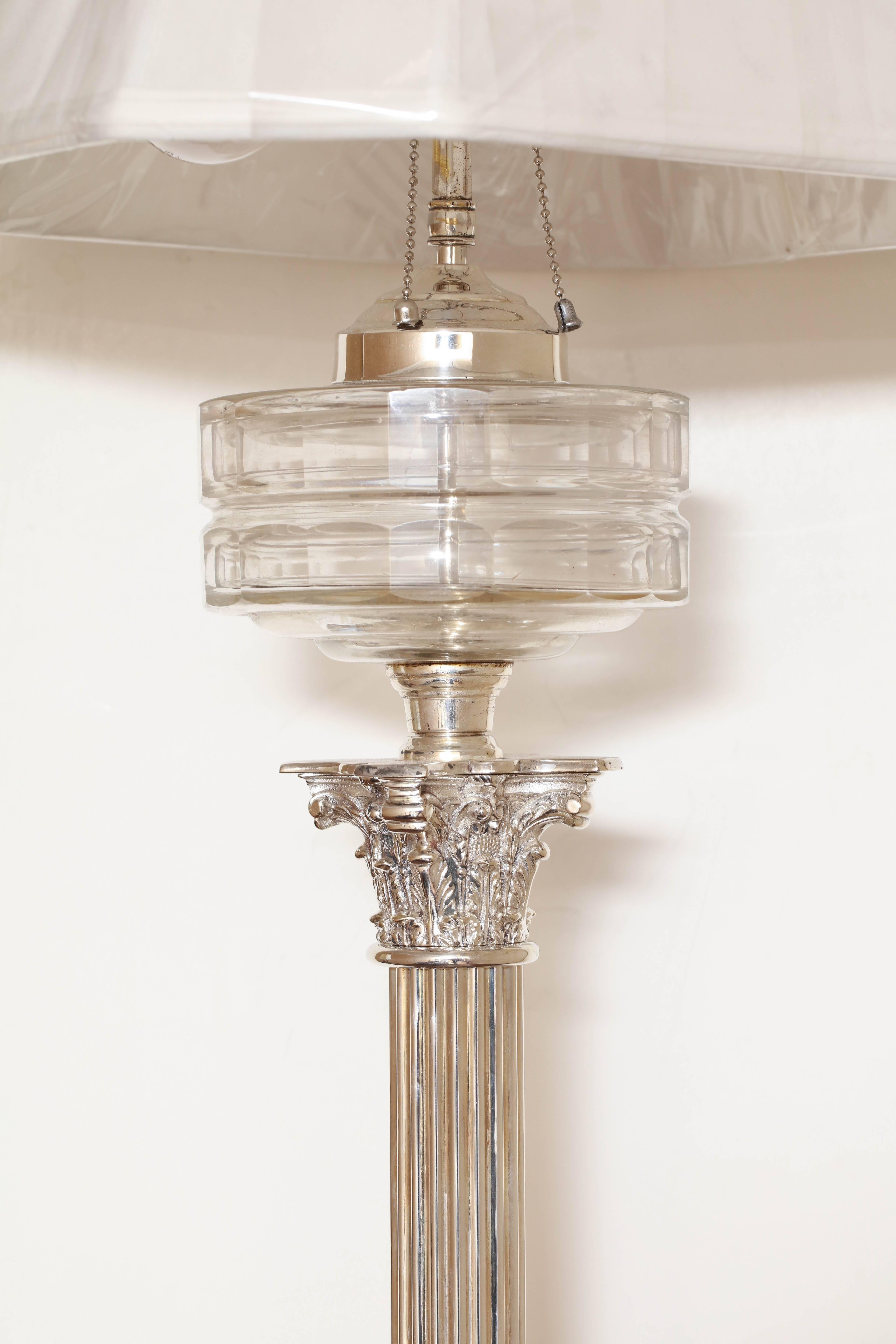 English Tall Neoclassical Electrified Silver Plated Column-Form Oil Lamp For Sale