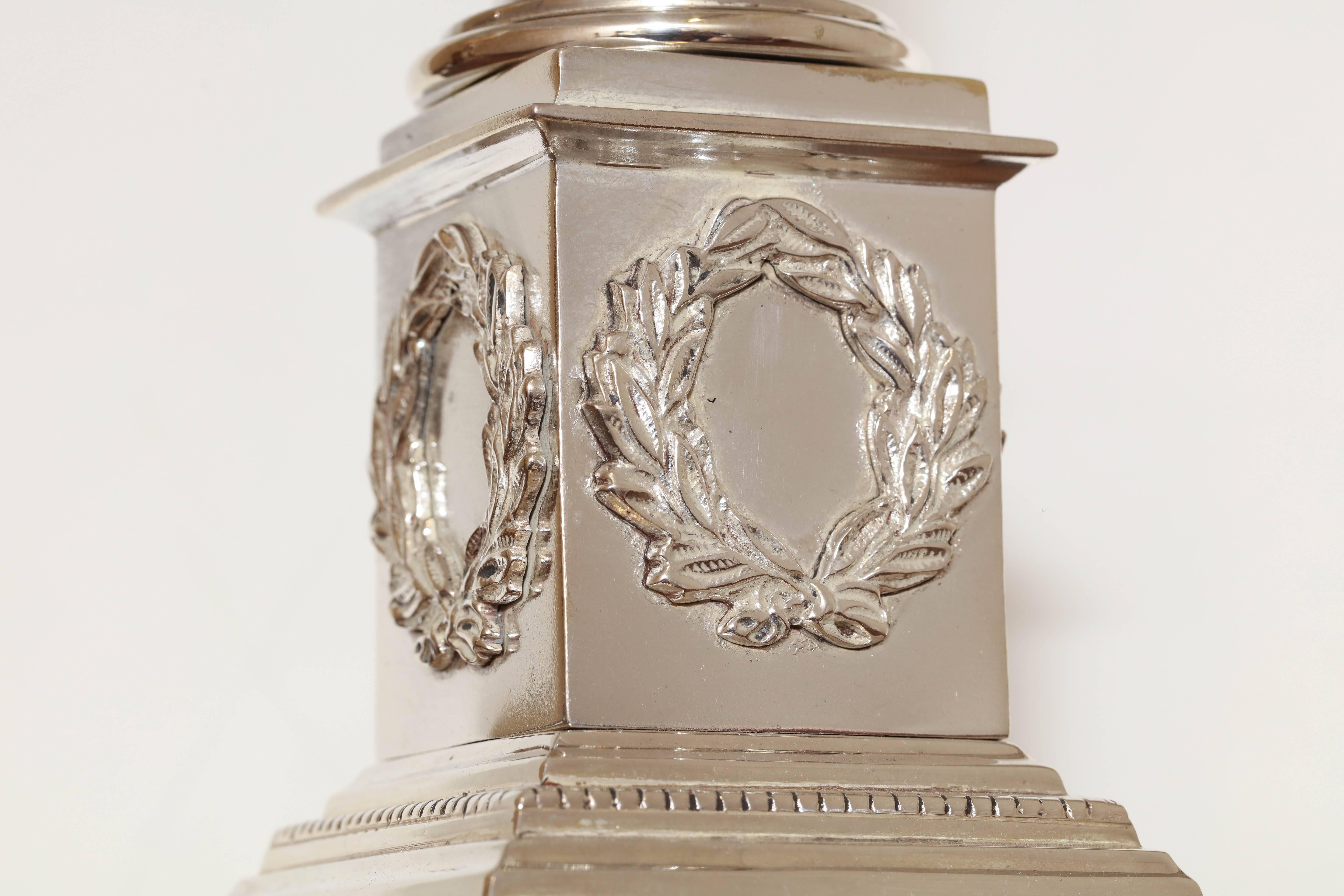 Late 19th Century Tall Neoclassical Electrified Silver Plated Column-Form Oil Lamp For Sale