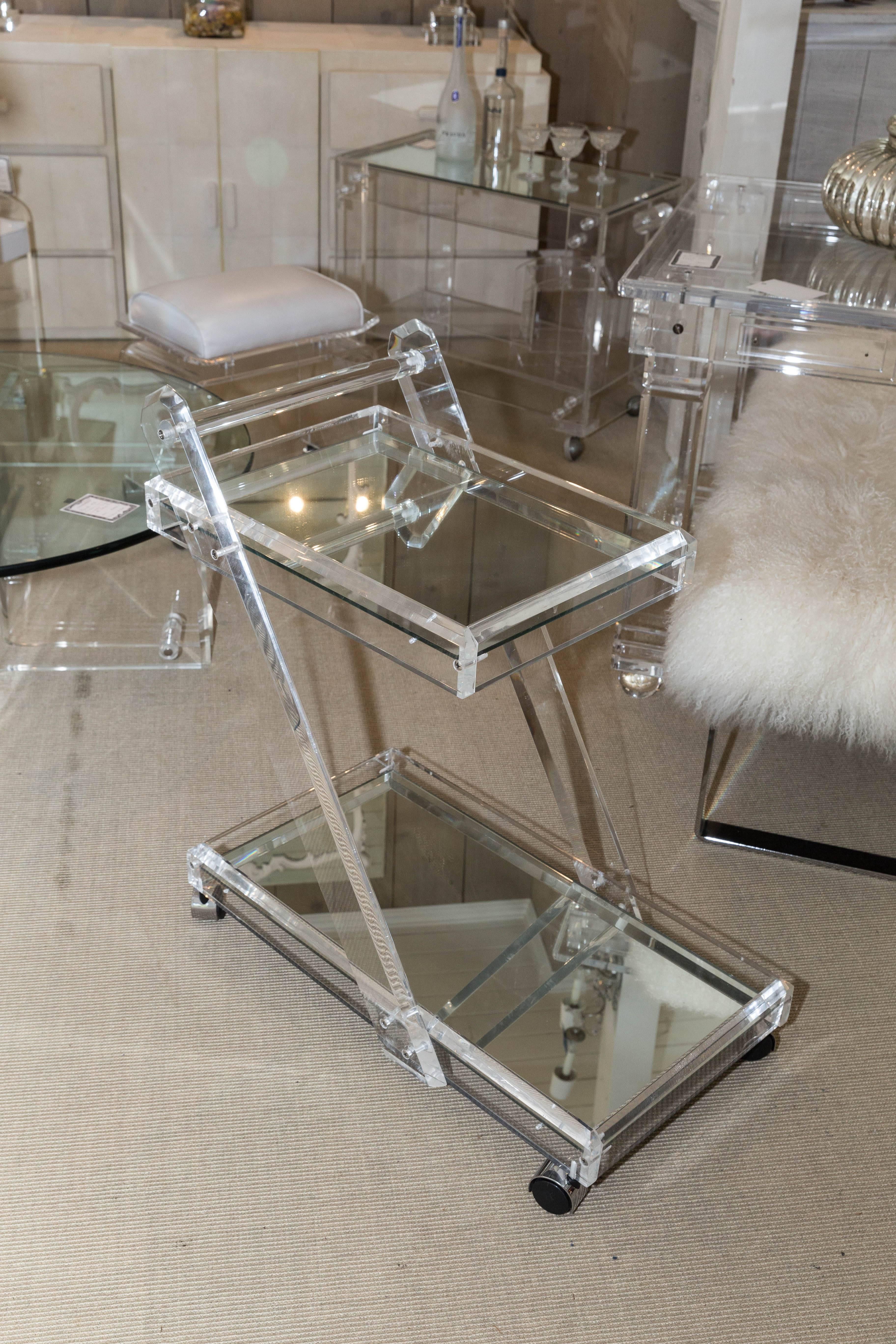 Mid-Century Modern Mid-Century Lucite Tea Cart with Two Mirrored Shelves