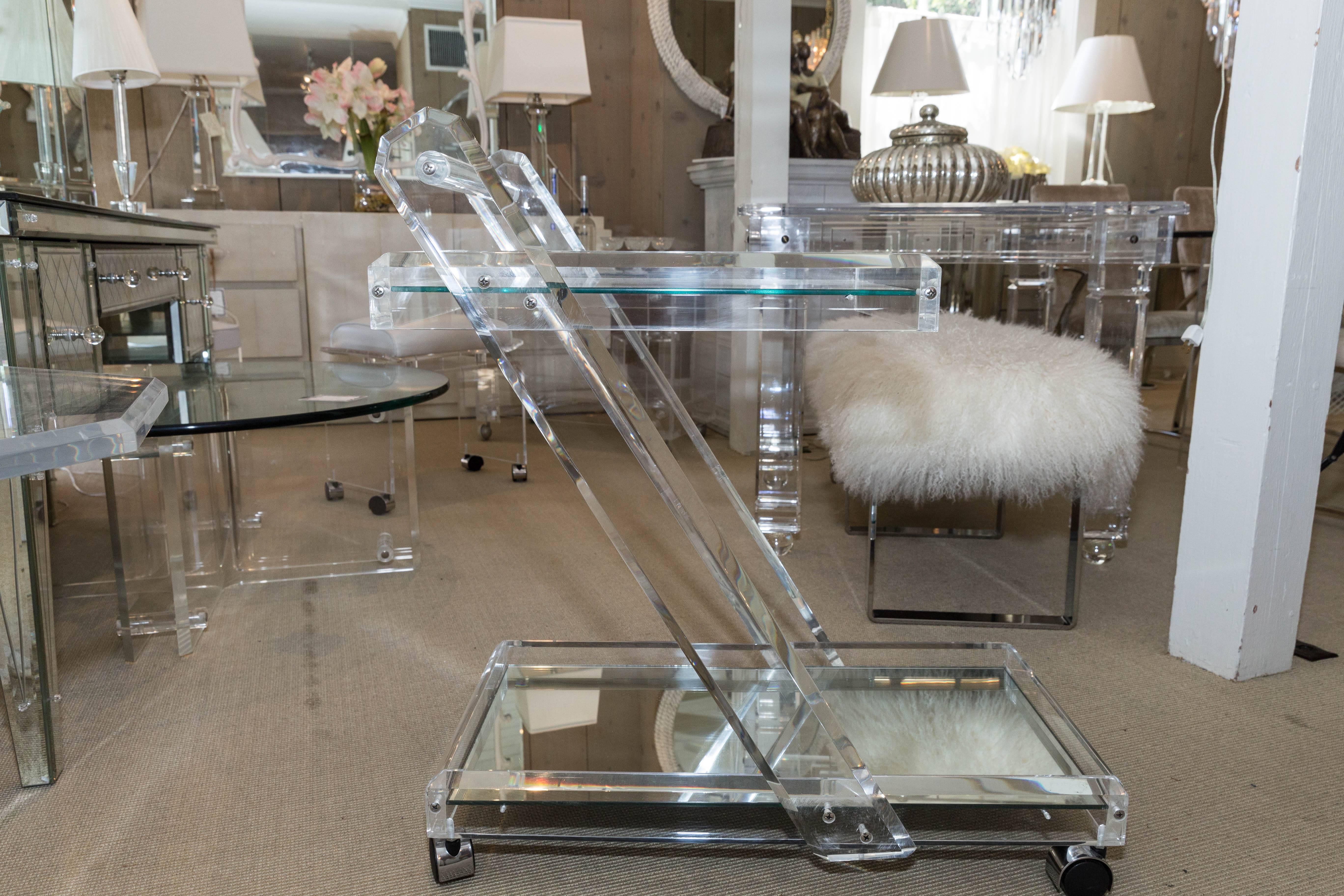 Late 20th Century Mid-Century Lucite Tea Cart with Two Mirrored Shelves