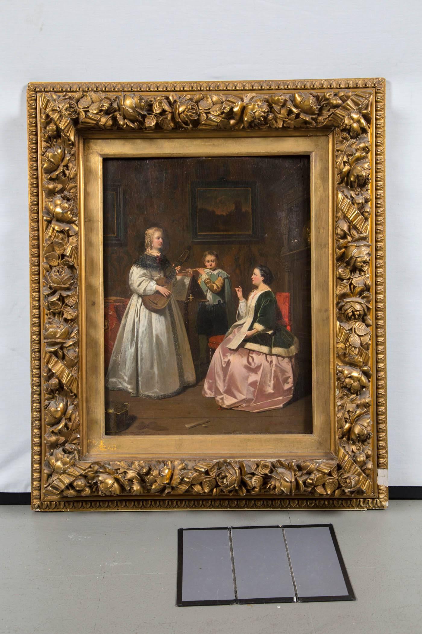 Lovely antique Dutch painting in gold leaf frame.