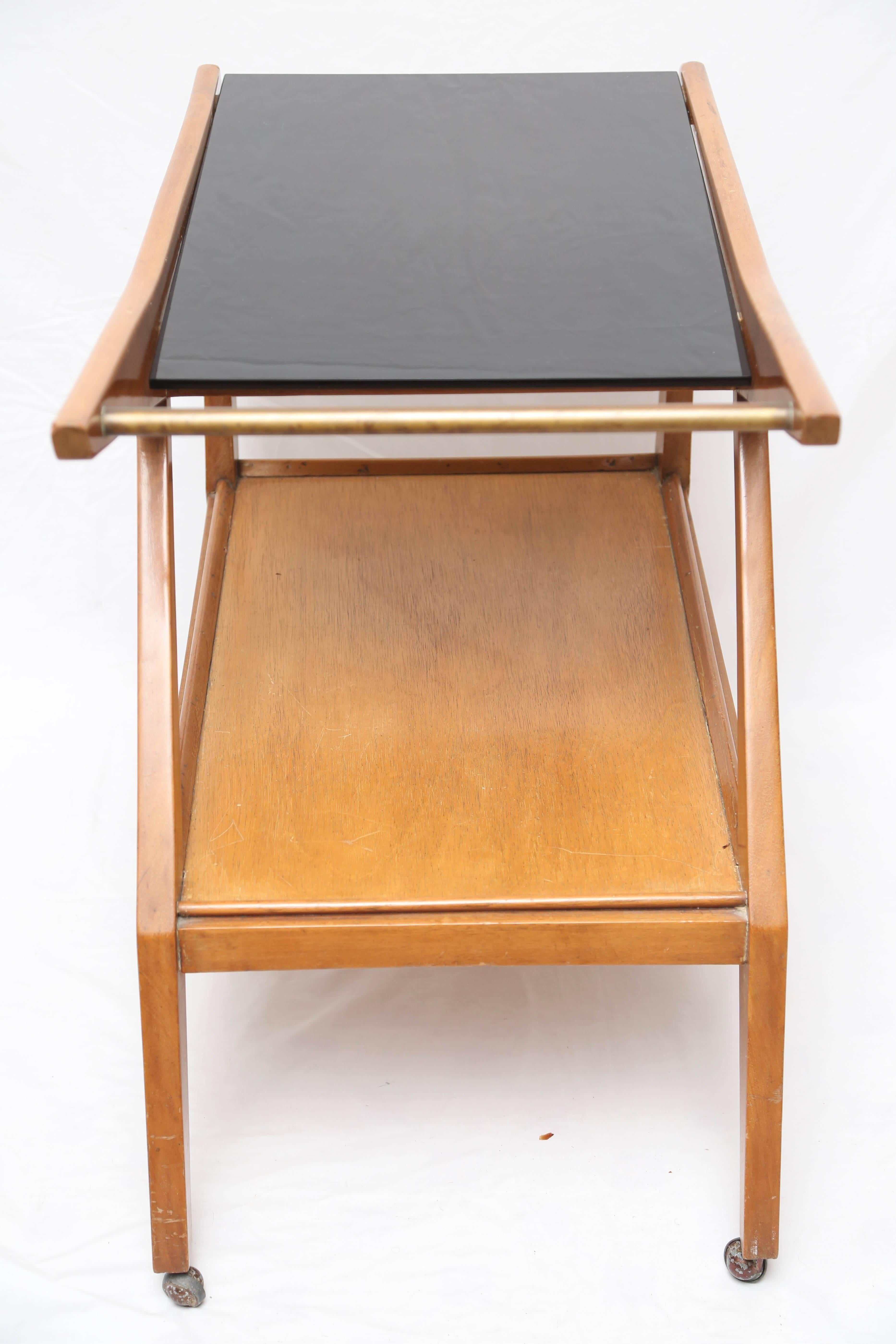 Wood, brass and glass Mid-Century Modern bar cart by Tilly Stickell.