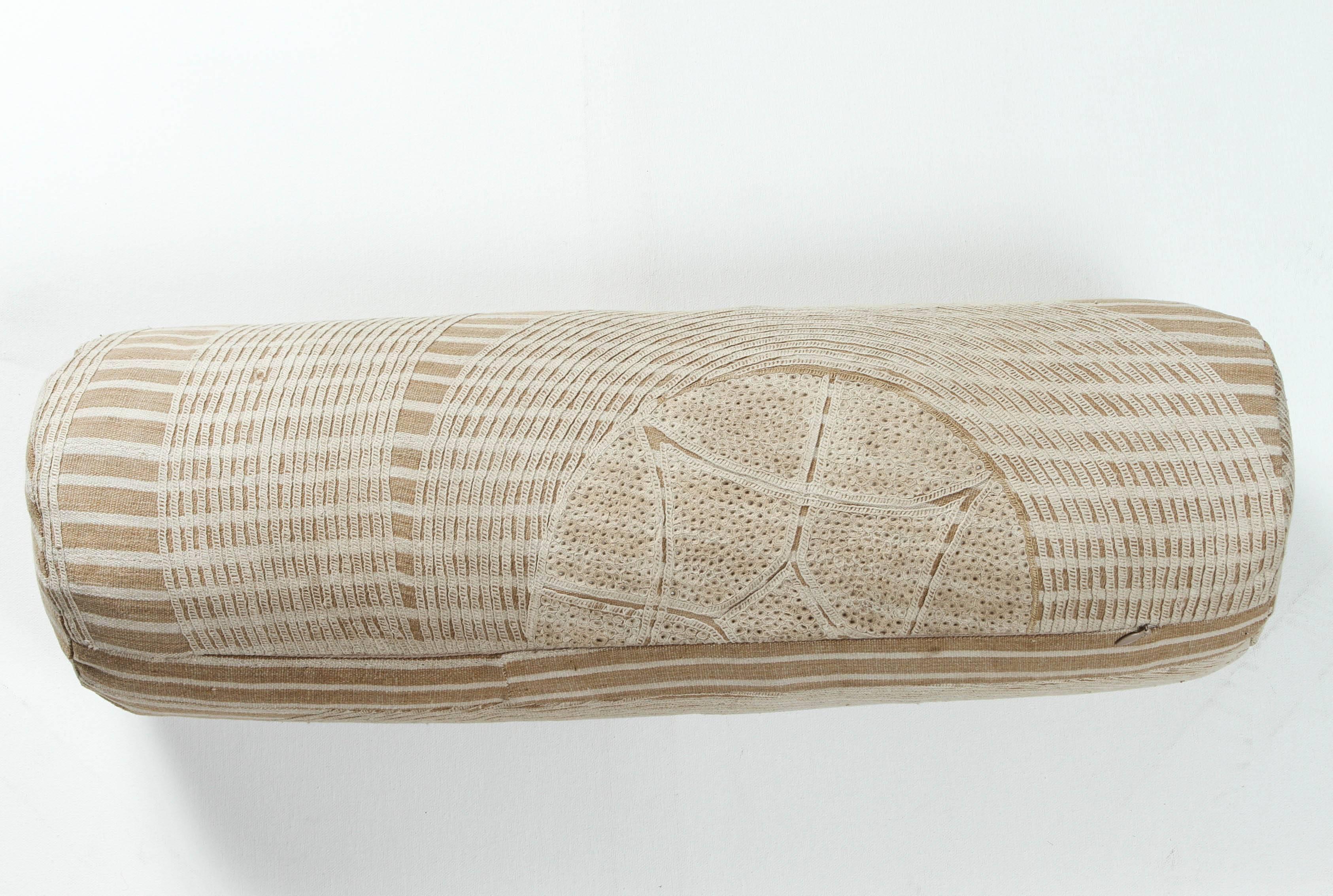 African Embroidery Bolster Pillow In Good Condition For Sale In Los Angeles, CA