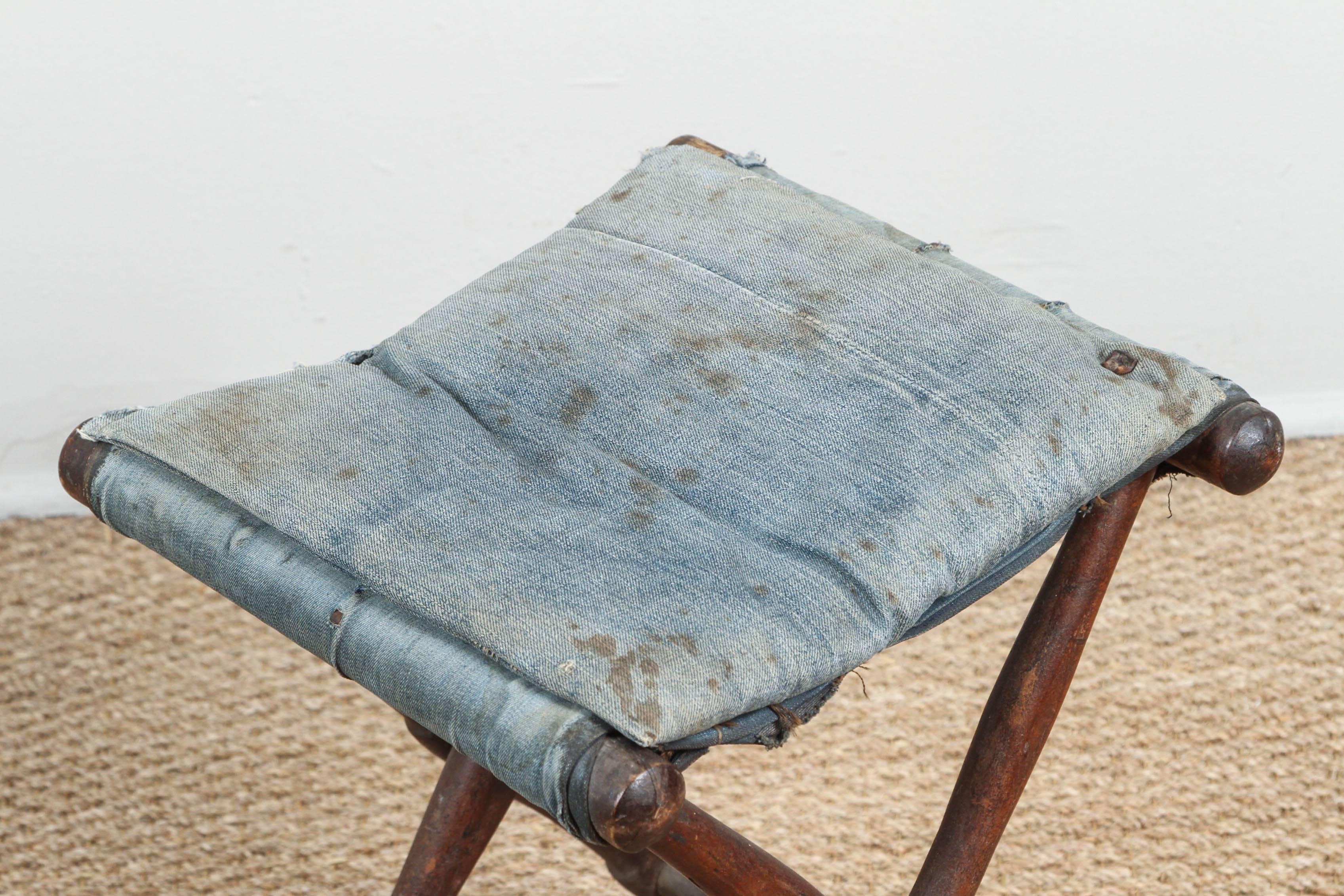 American Vintage Folding Stool with Distressed and Faded Denim For Sale