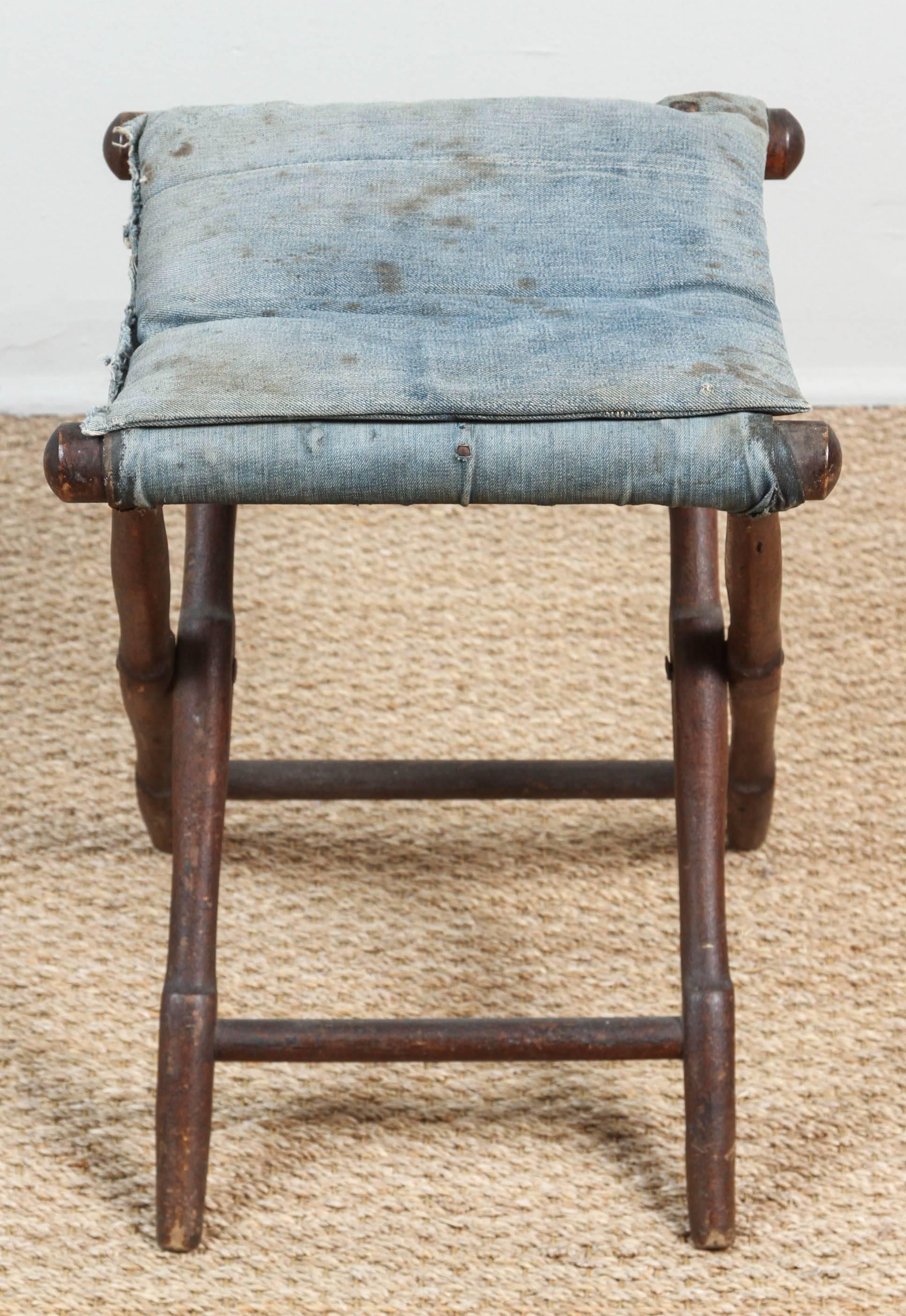 Vintage Folding Stool with Distressed and Faded Denim In Good Condition For Sale In Los Angeles, CA