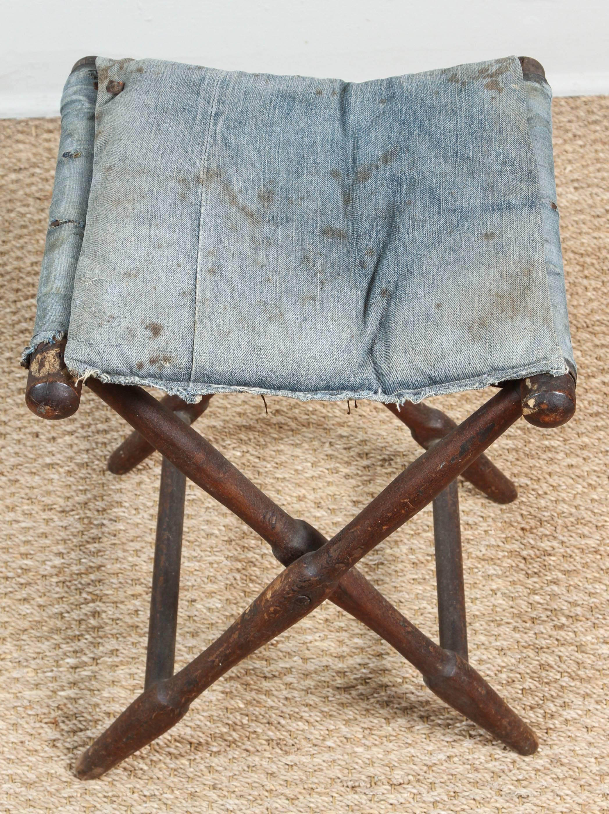 20th Century Vintage Folding Stool with Distressed and Faded Denim For Sale
