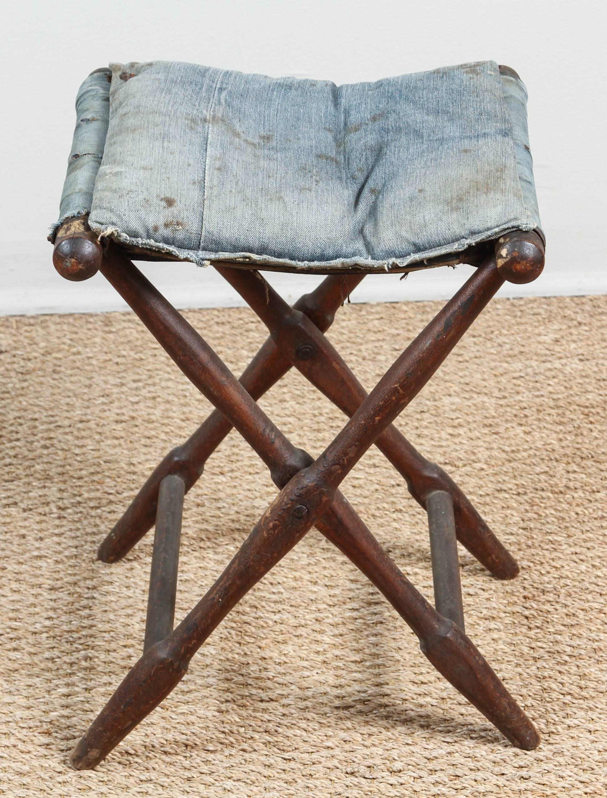 Vintage Folding Stool with Distressed and Faded Denim For Sale 1