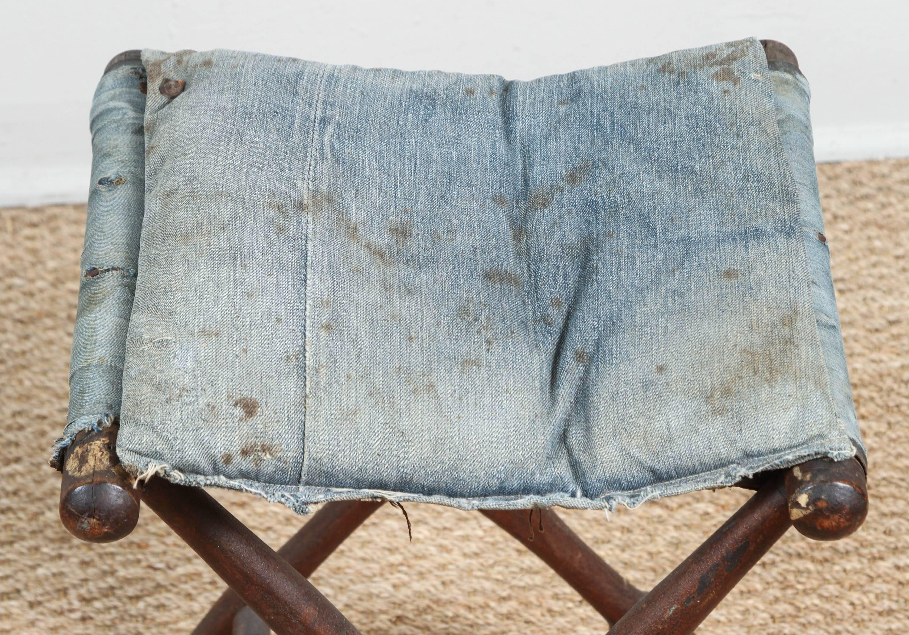 Vintage Folding Stool with Distressed and Faded Denim For Sale 2