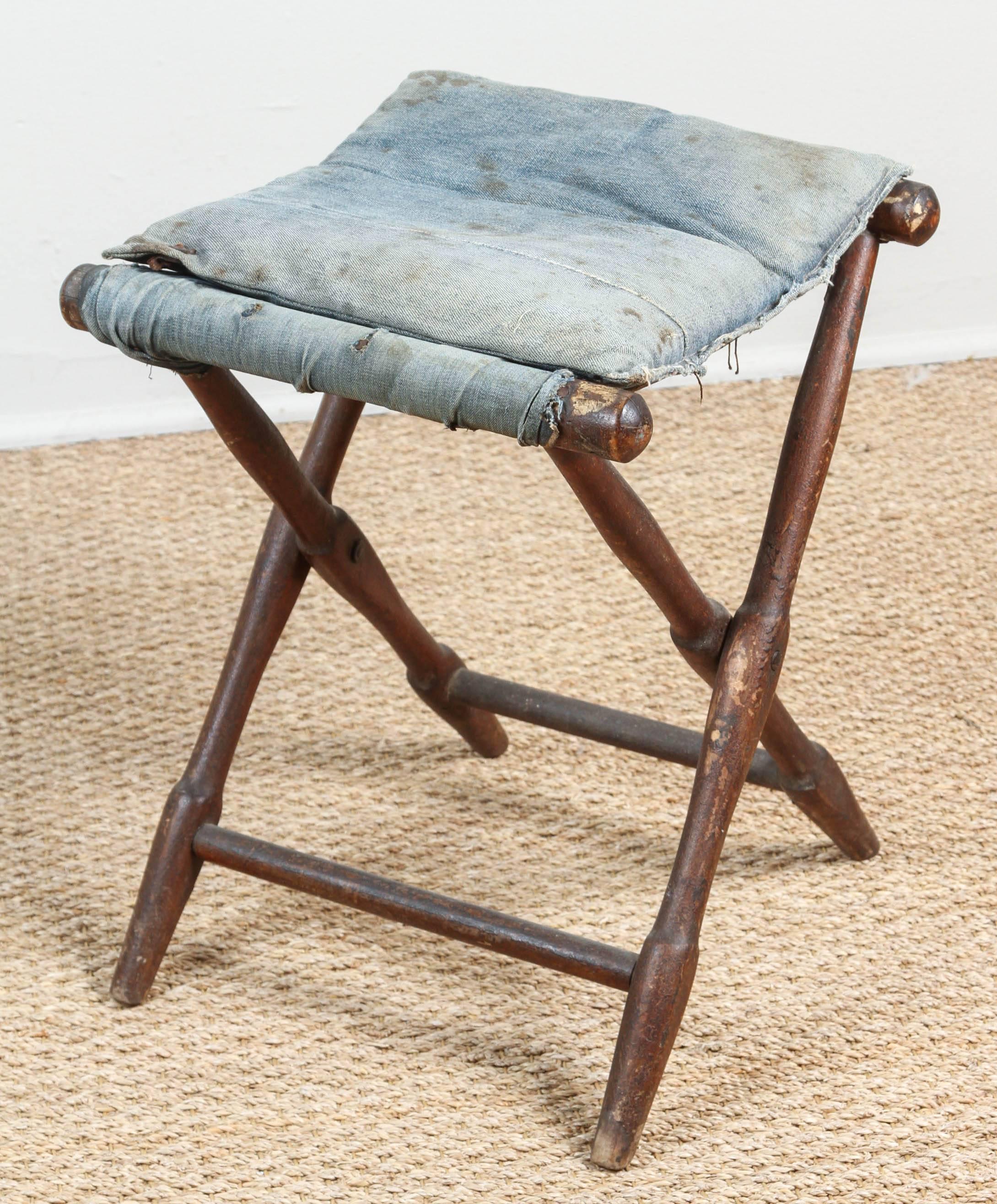 Vintage Folding Stool with Distressed and Faded Denim For Sale 3