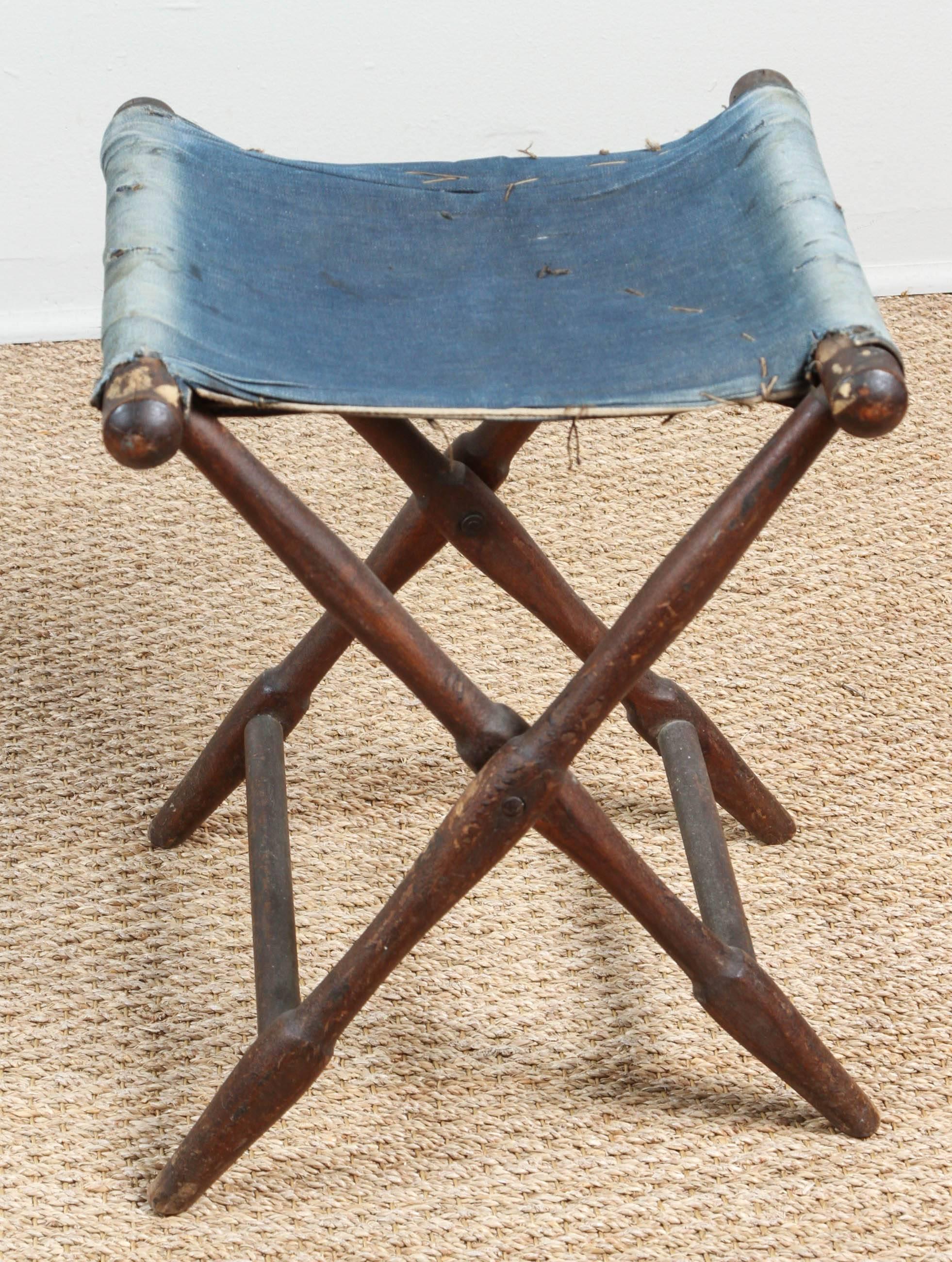 Vintage Folding Stool with Distressed and Faded Denim For Sale 4