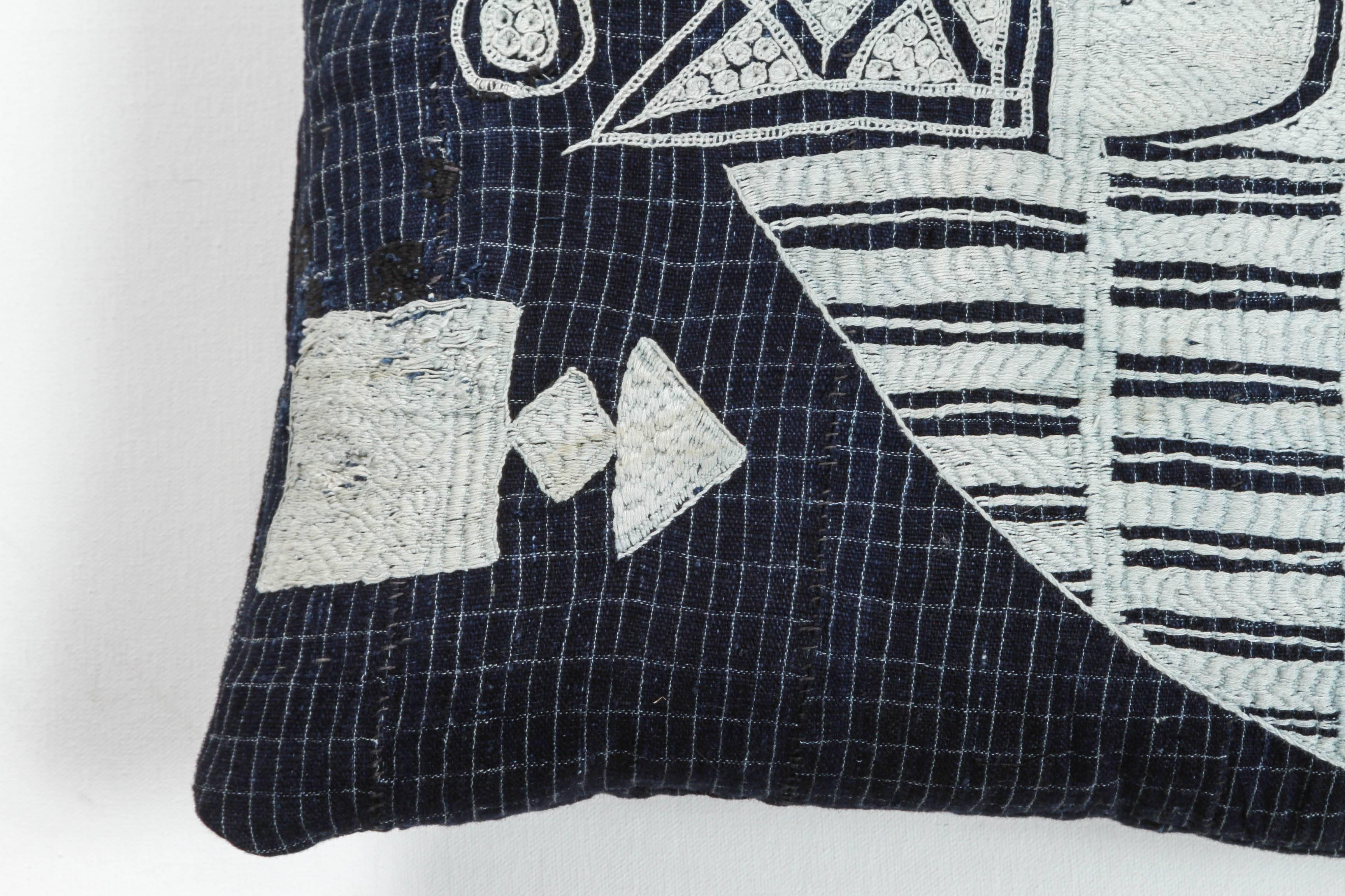 Nigerian African Embroidery Pillow in Indigo Blue, Double-Sided For Sale