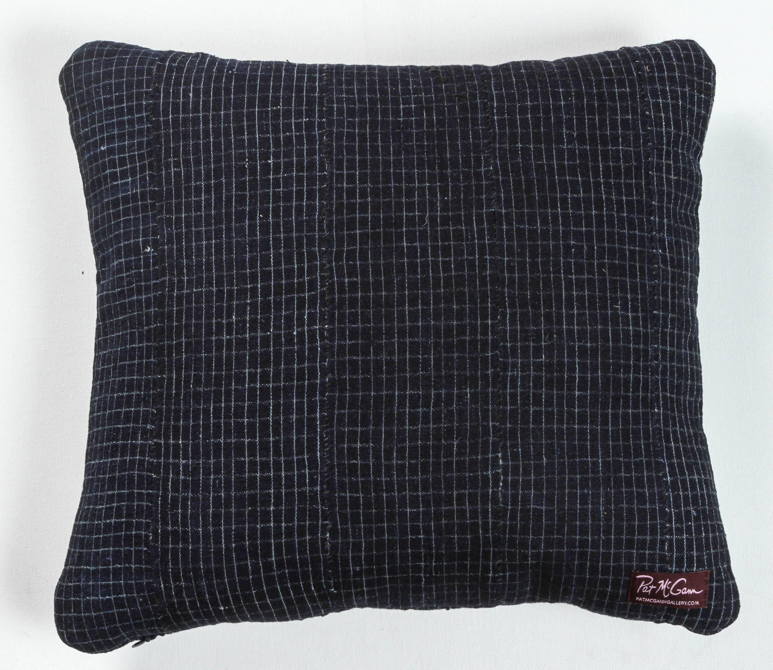 African Embroidery Pillow in Indigo Blue, Double-Sided In Good Condition For Sale In Los Angeles, CA