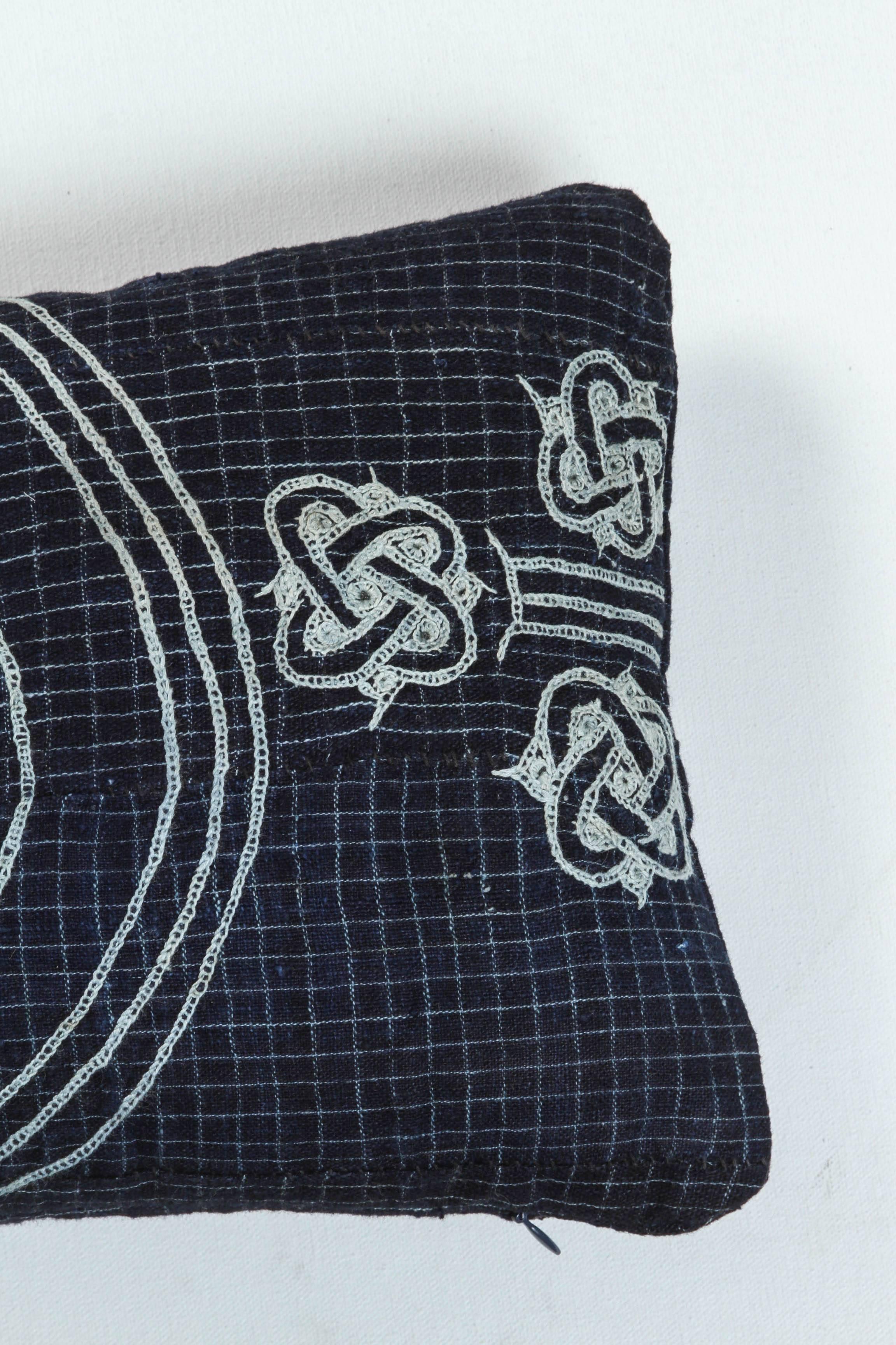 Nigerian African Embroidery Lumbar Pillow, Indigo Blue, Double Sided For Sale