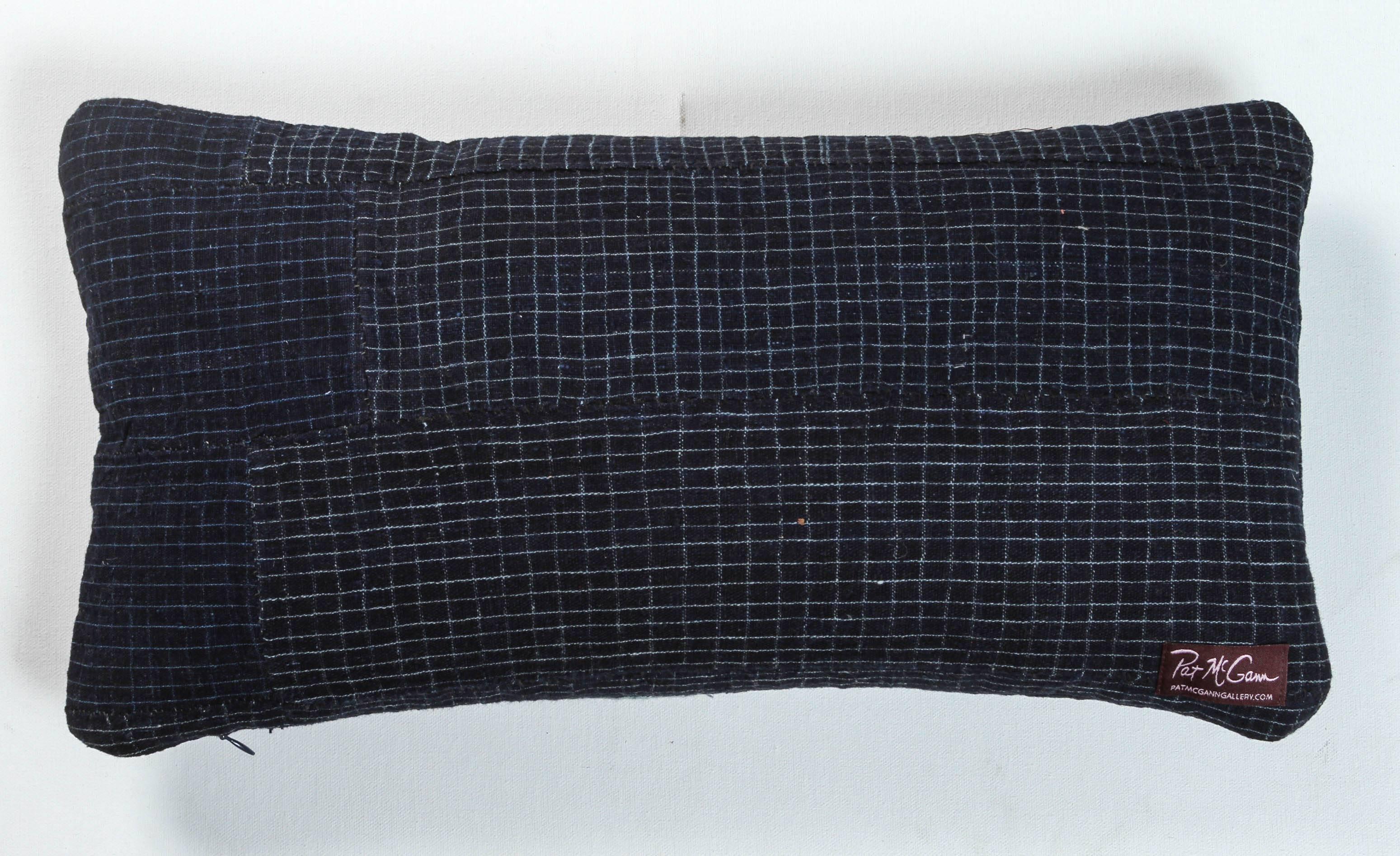 African Embroidery Lumbar Pillow, Indigo Blue, Double Sided In Good Condition For Sale In Los Angeles, CA
