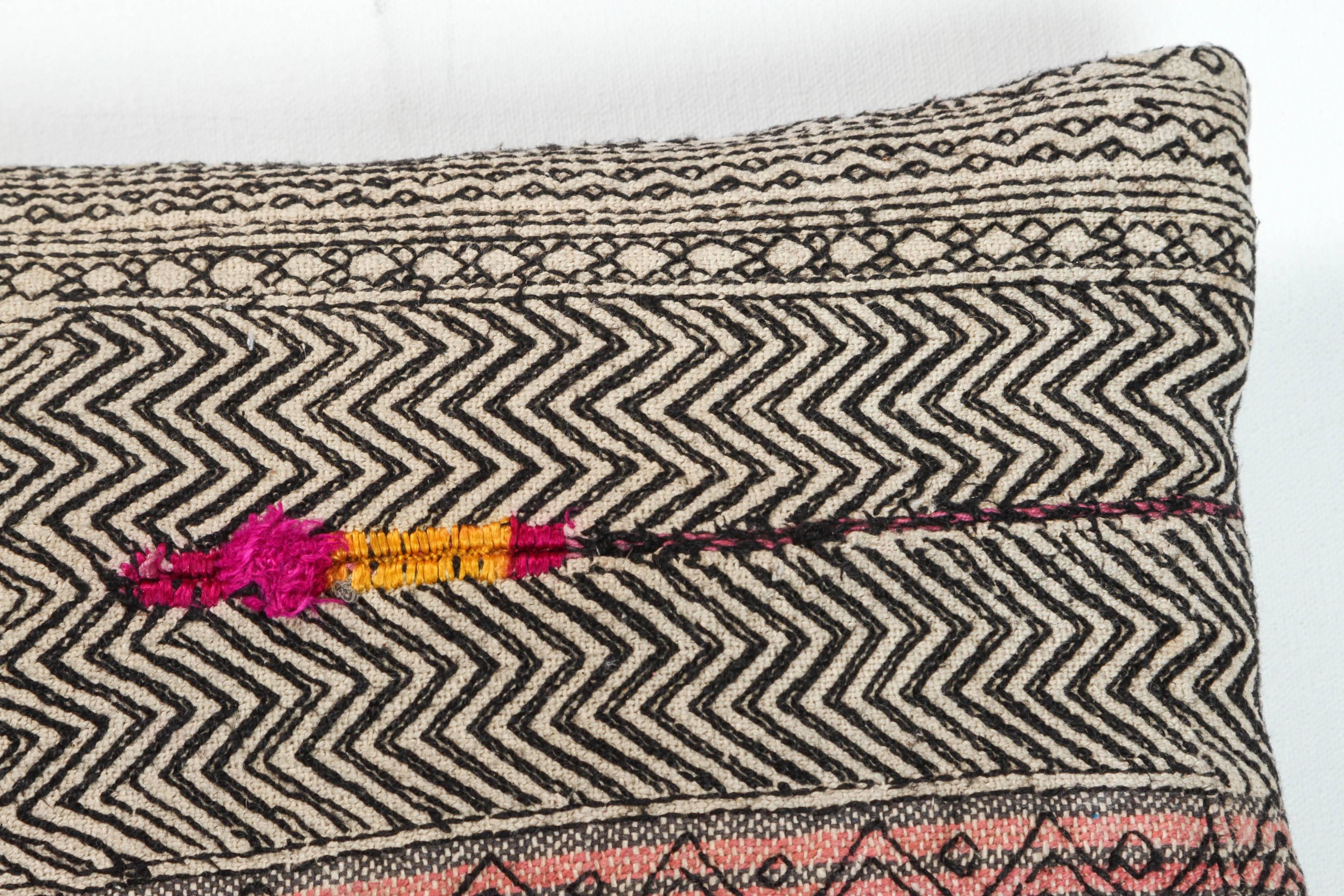 Indian Afghani Nuristan Lumbar Pillow. Black, Ivory, Pink, Fuchia and Gold.  For Sale